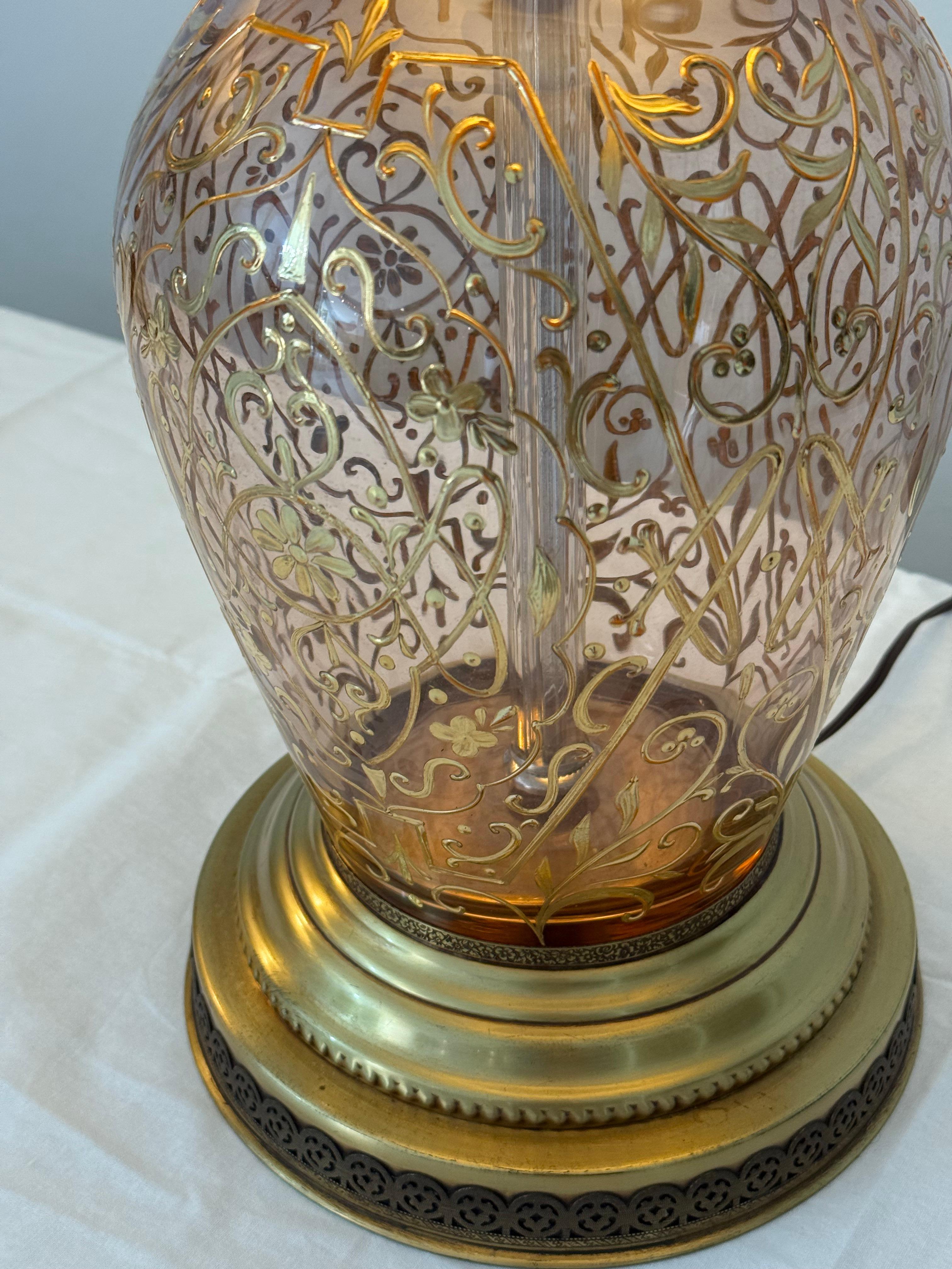 Brass Pair of Table Lamps Made from Moser Glass Decanters with 1970s String Shades For Sale