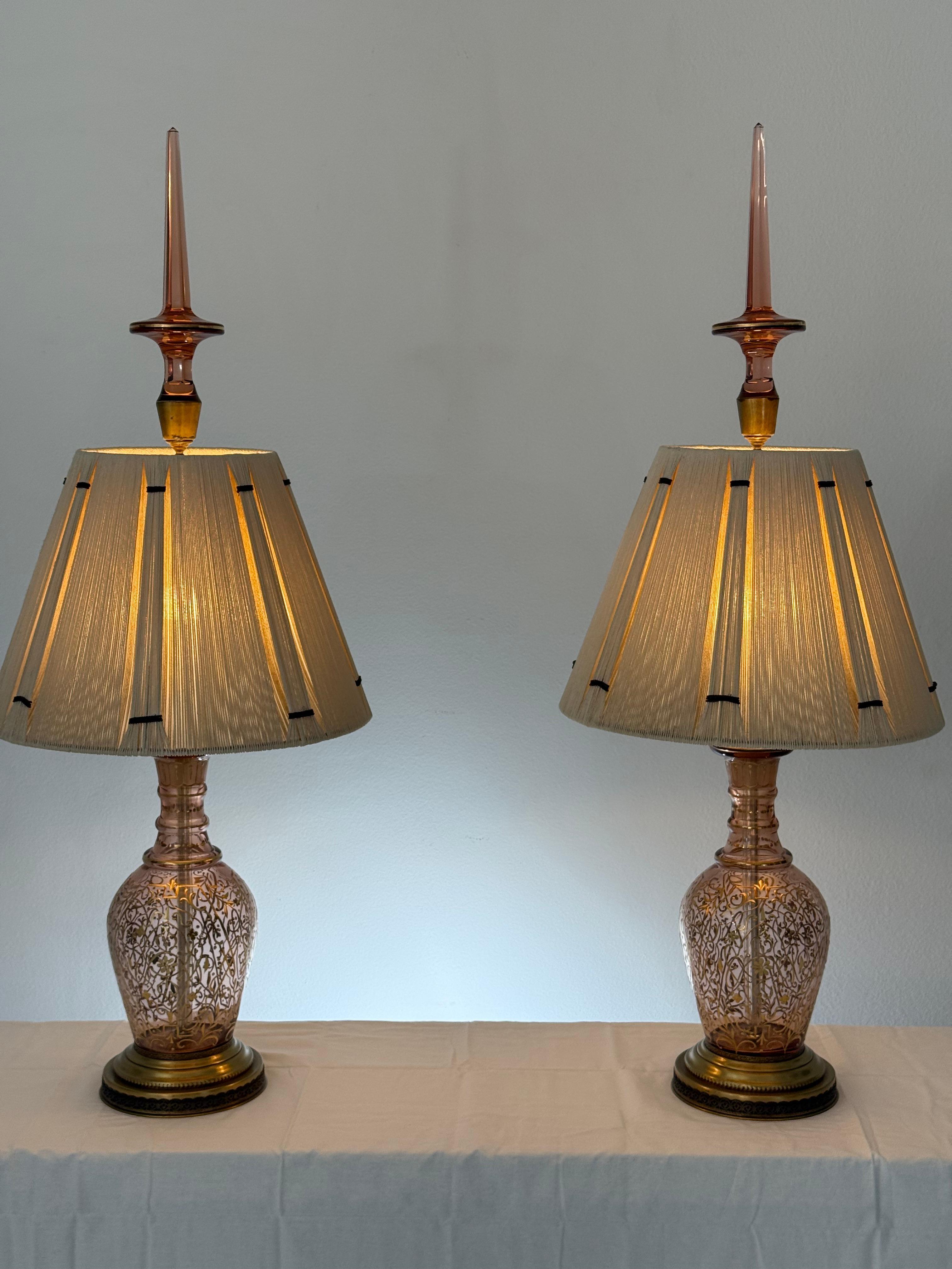 Pair of Table Lamps Made from Moser Glass Decanters with 1970s String Shades For Sale 1