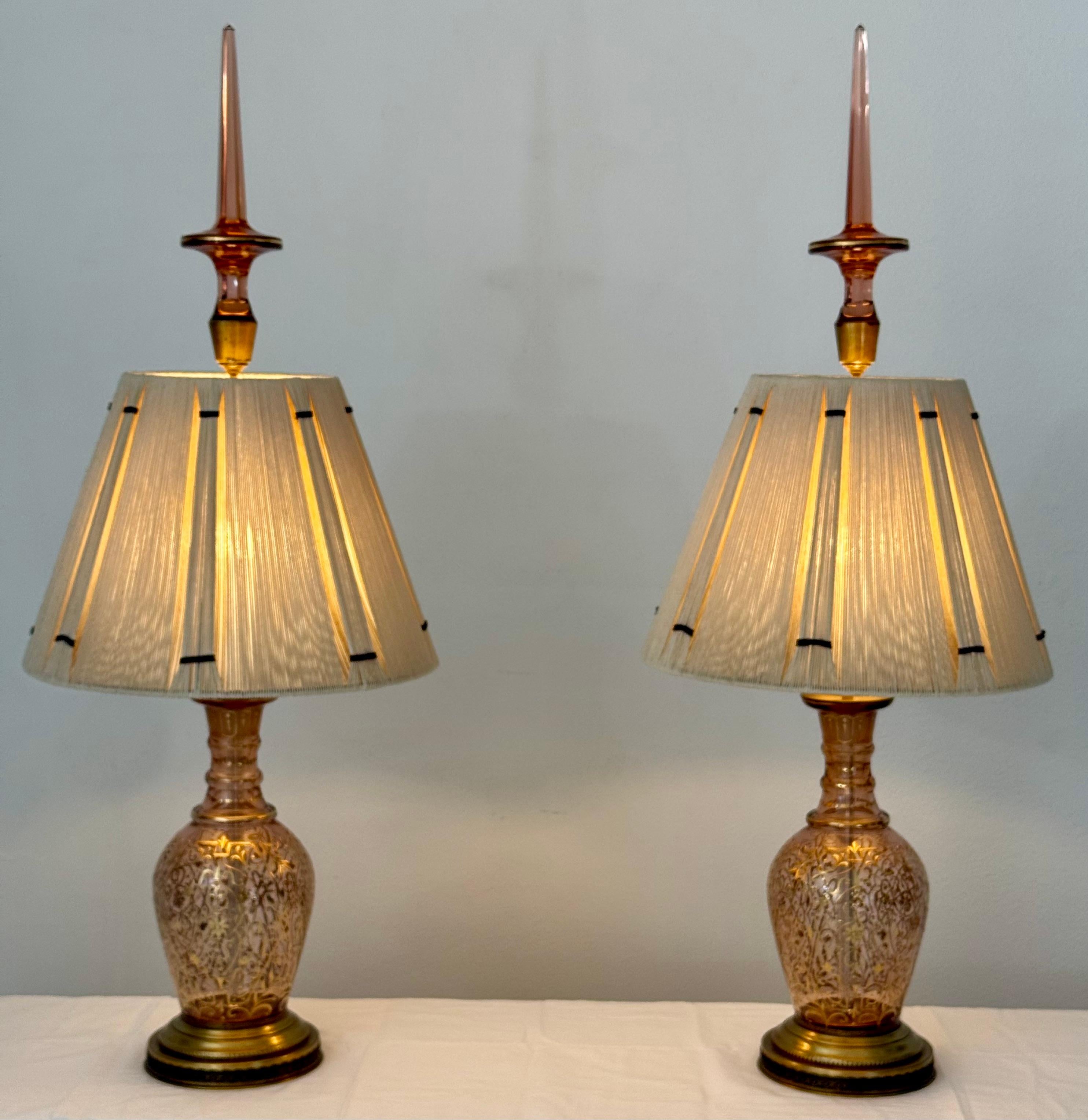 Pair of Table Lamps Made from Moser Glass Decanters with 1970s String Shades For Sale 2