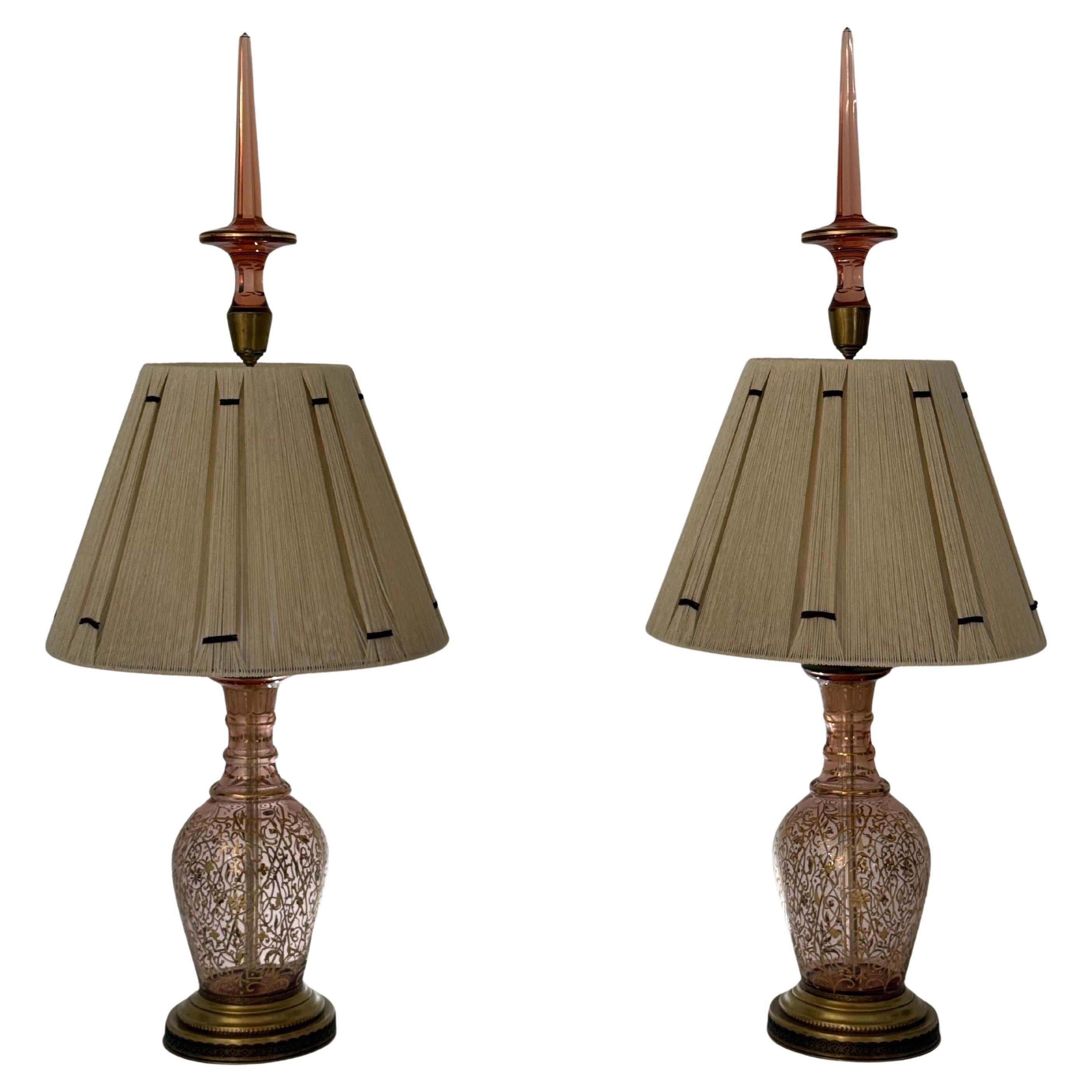 Pair of Table Lamps Made from Moser Glass Decanters with 1970s String Shades For Sale