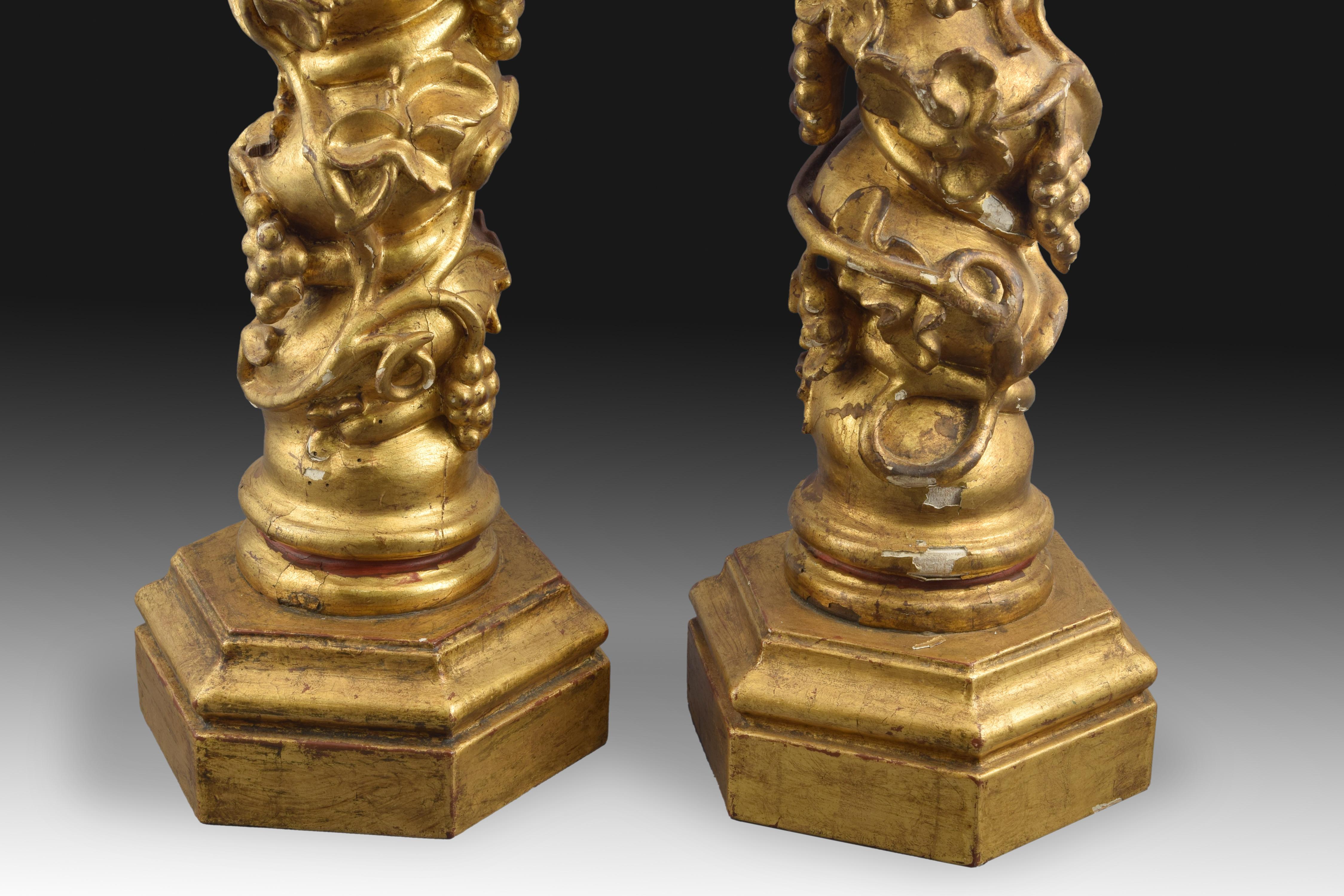 Spanish Pair of Table Lamps Made of Solomonic Columns, Wood and Metal, Late 17th Century