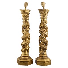 Antique Pair of Table Lamps Made of Solomonic Columns, Wood and Metal, Late 17th Century