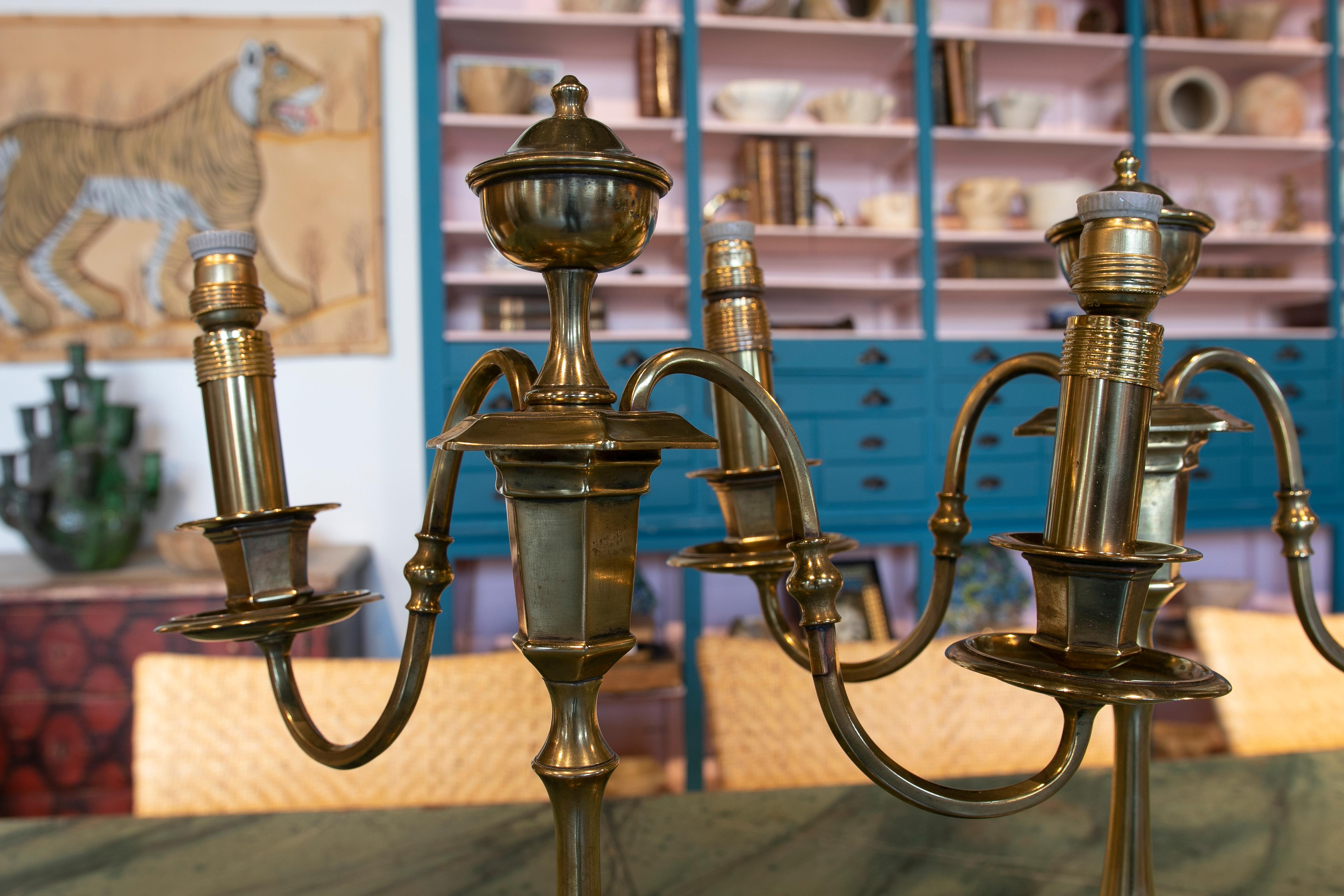 Pair of Table Lamps Made with Bronze Candlesticks For Sale 11