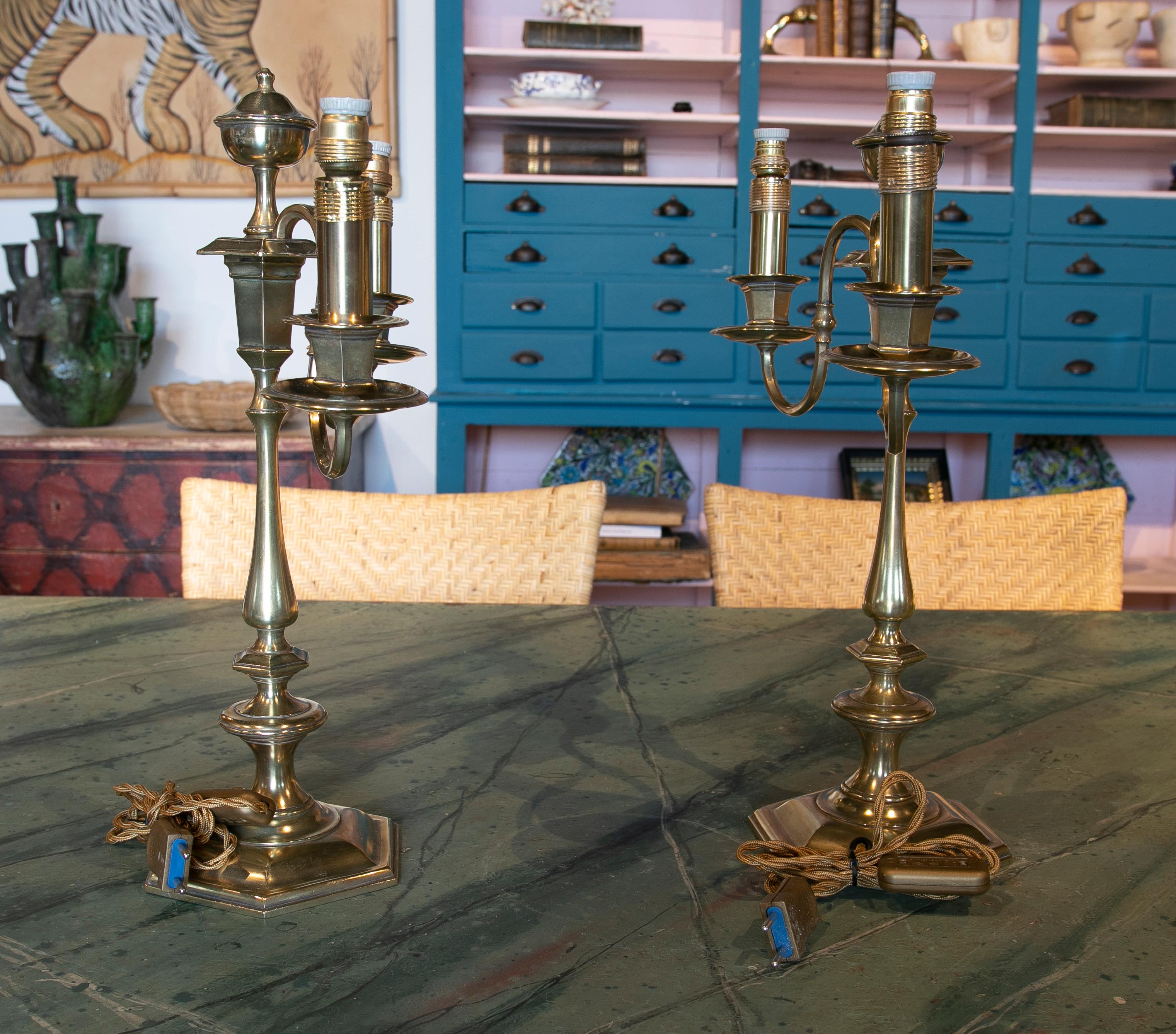 20th Century Pair of Table Lamps Made with Bronze Candlesticks For Sale