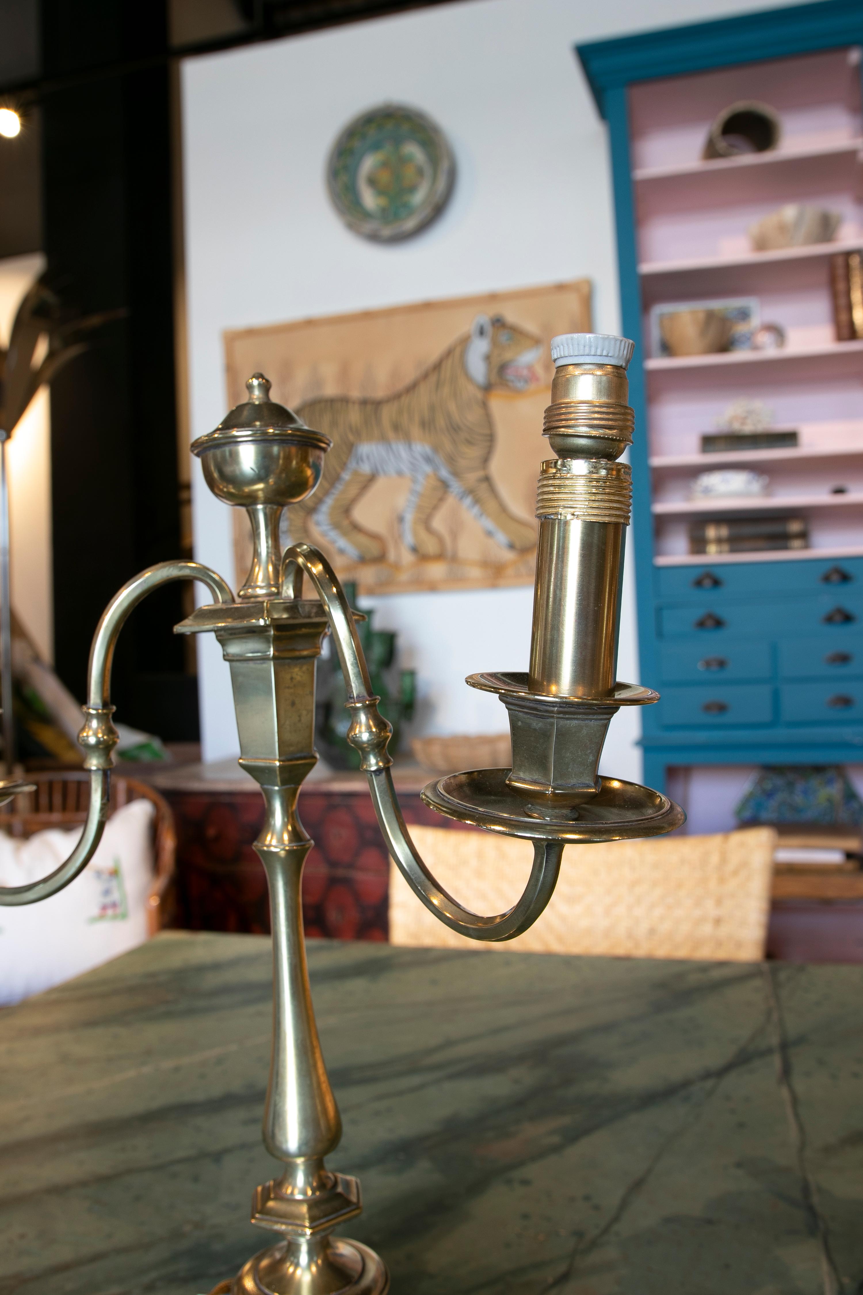 Pair of Table Lamps Made with Bronze Candlesticks For Sale 3