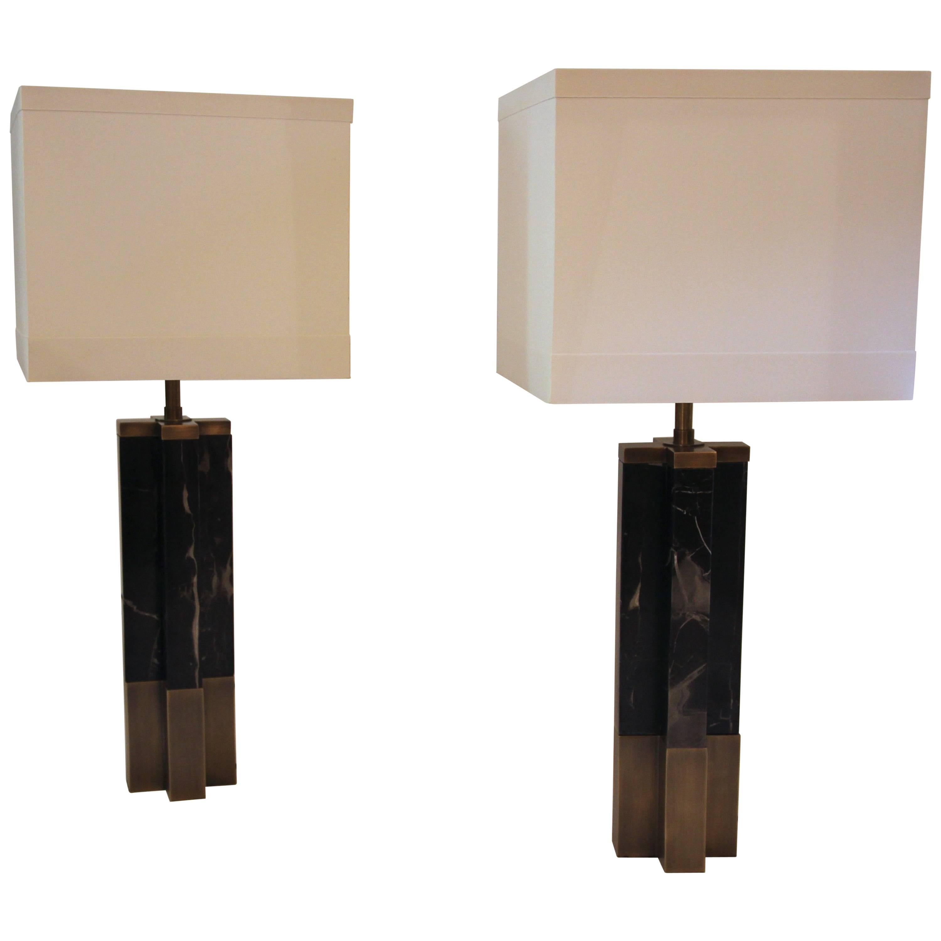 Pair of Table Lamps, Marble and Brass, France, circa 1970