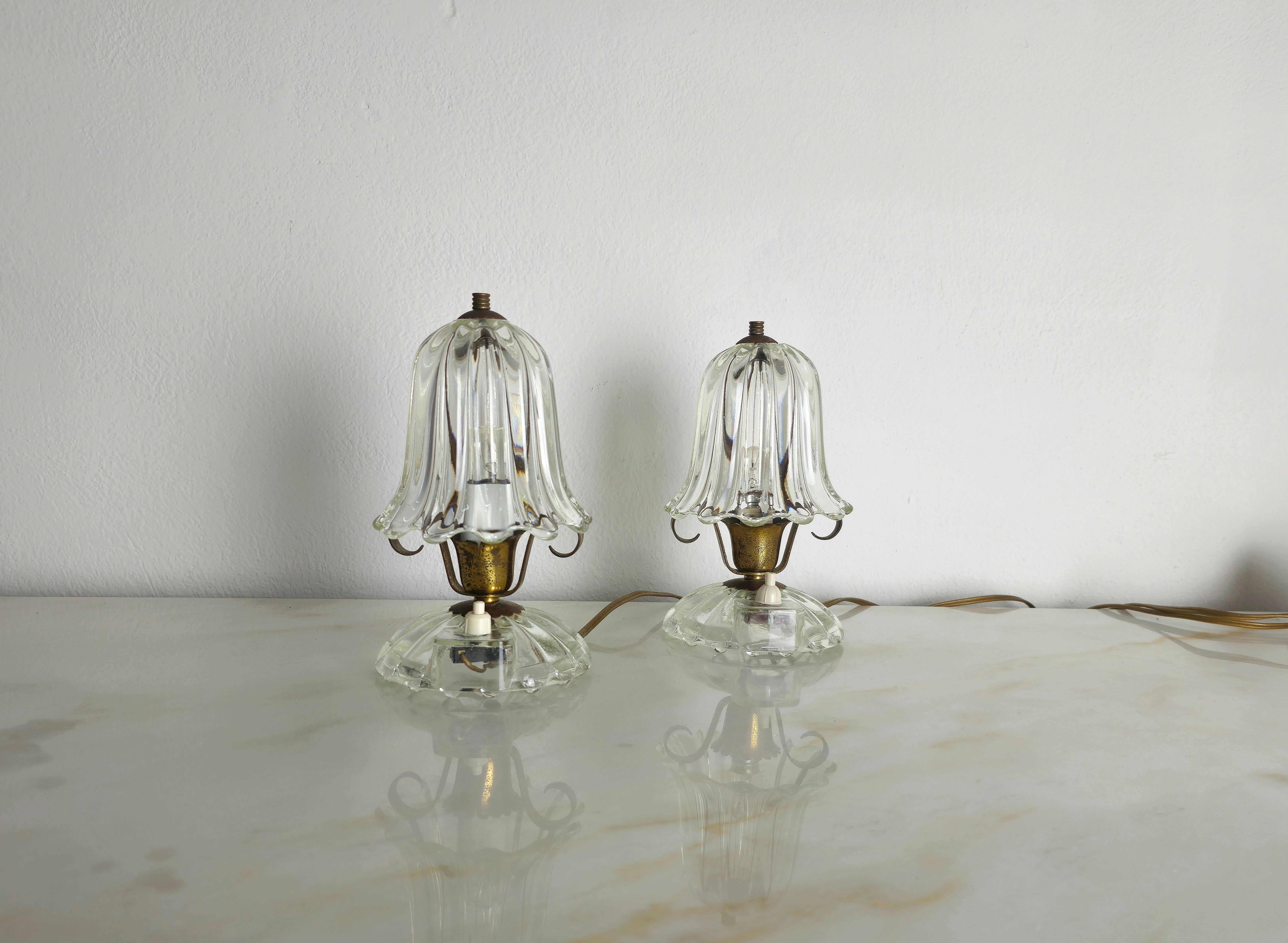 Mid-Century Modern Pair of Table Lamps Murano Glass Brass Barovier&Toso Midcentury Italy 1940s