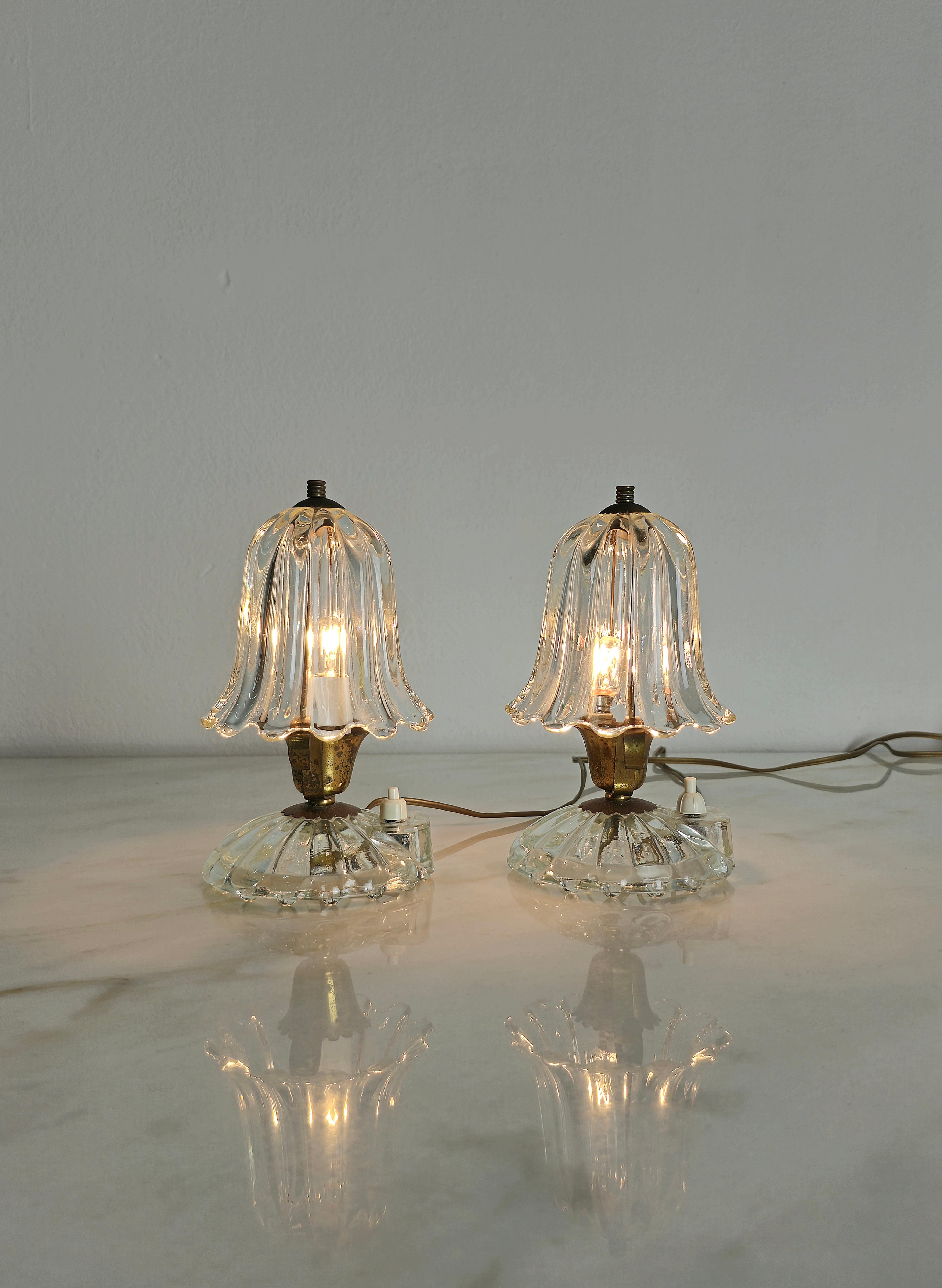 Italian Pair of Table Lamps Murano Glass Brass Barovier&Toso Midcentury Italy 1940s