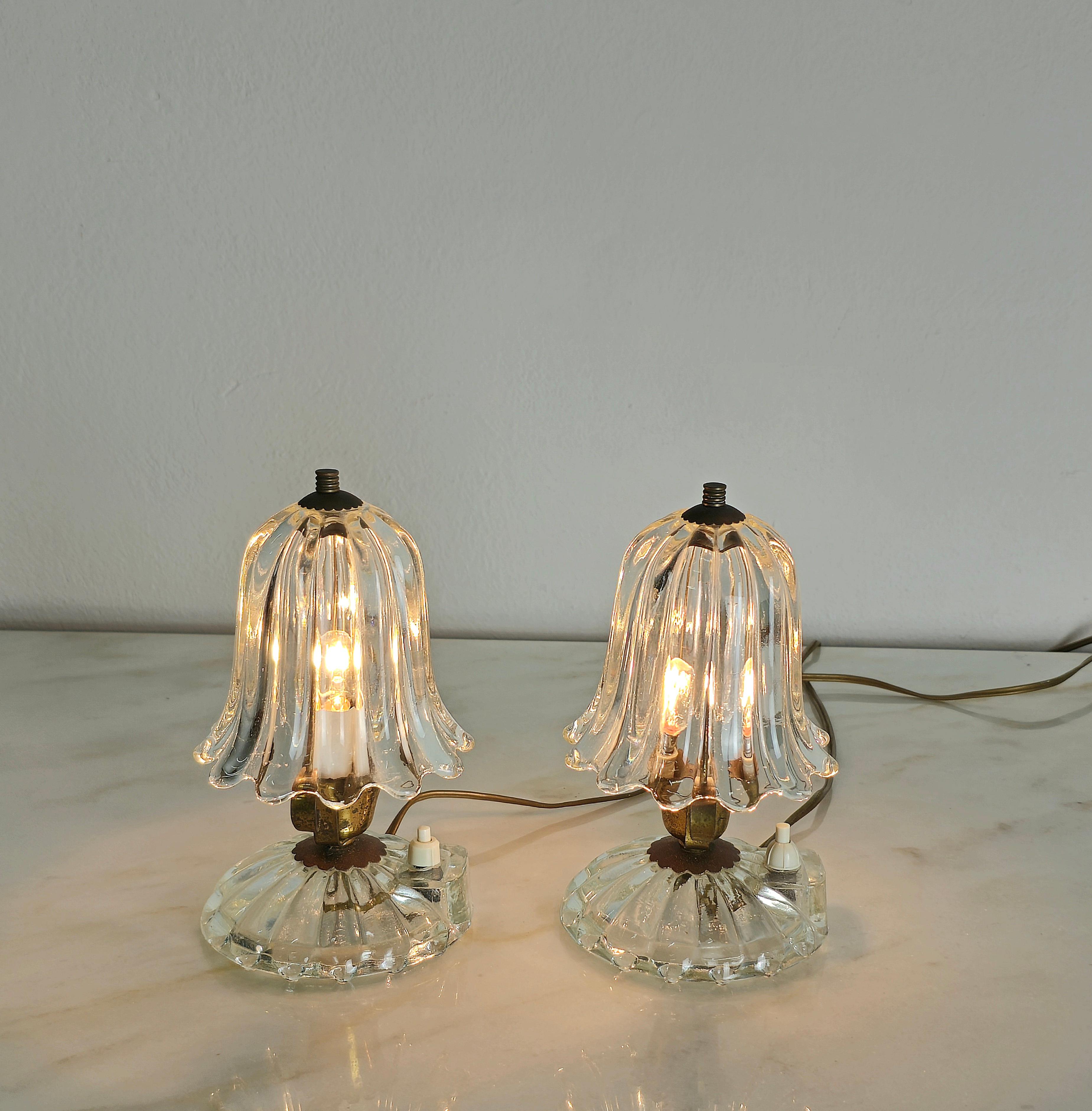 Pair of Table Lamps Murano Glass Brass Barovier&Toso Midcentury Italy 1940s 2