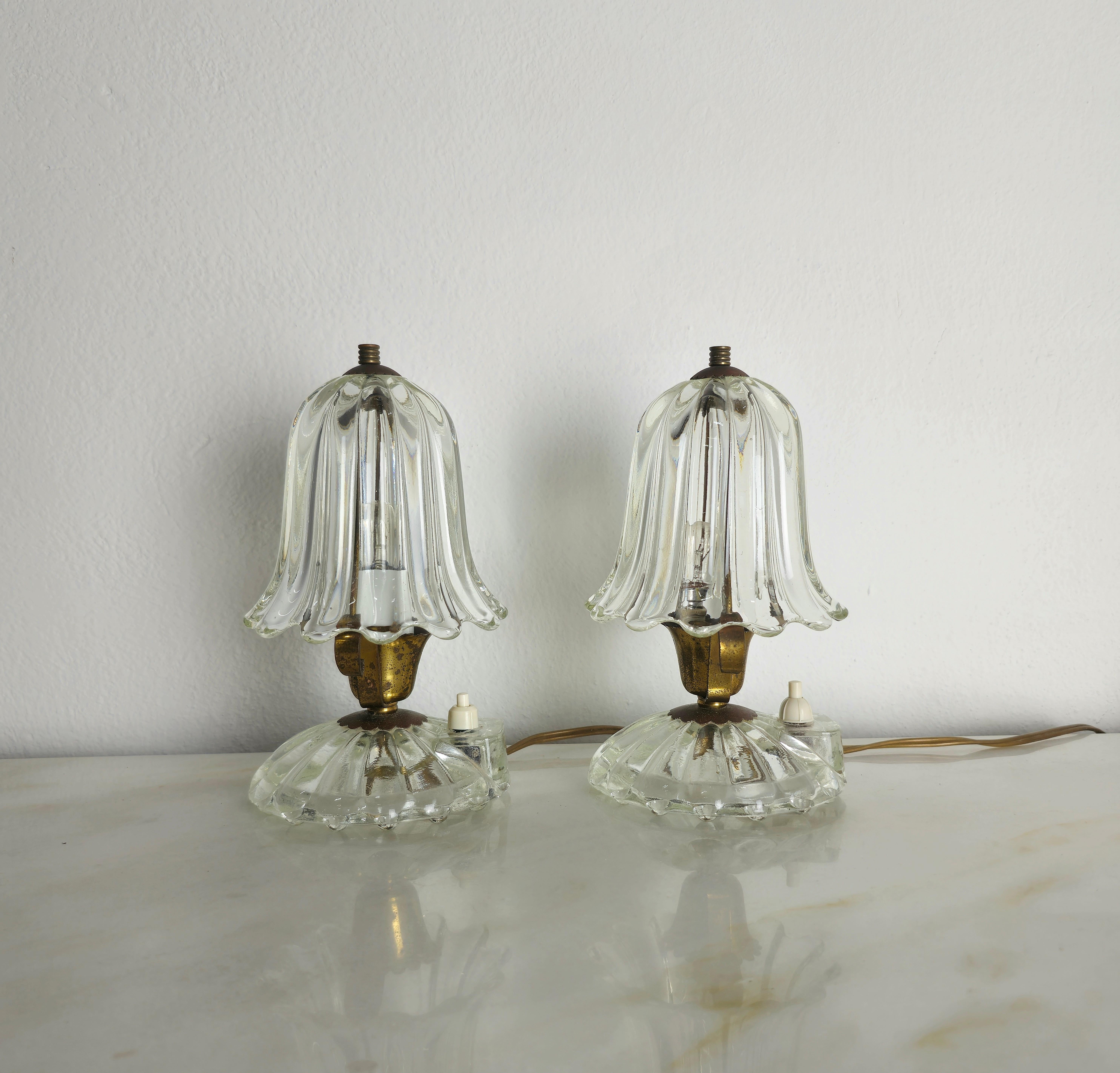 Pair of Table Lamps Murano Glass Brass Barovier&Toso Midcentury Italy 1940s 3