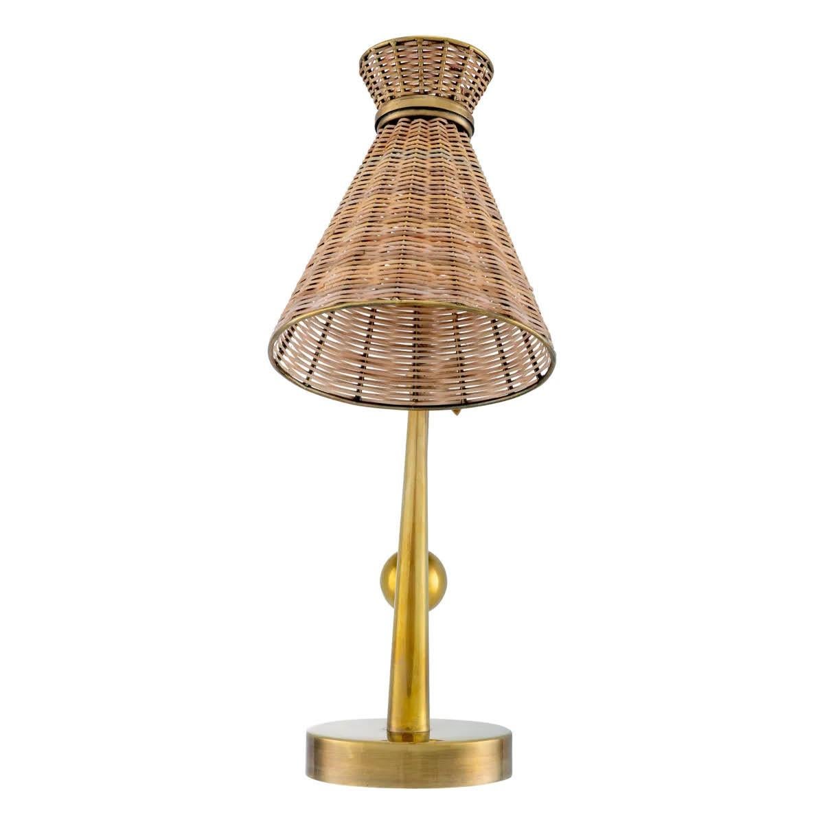 Français Paire de lampes de table, rotin naturel, finition laiton vintage. en vente
