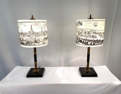 Pair of Table Lamps Opaline, Brass and Leather, Belgium, 1970s