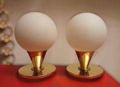 Pair of Table Lamps, Opaque Glass Ball, Tulip Brass Base, 1980s