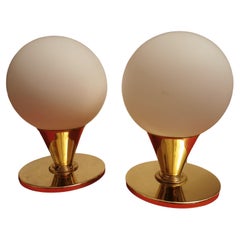 Pair of Table Lamps, Opaque Glass Ball, Tulip Brass Base, 1980s