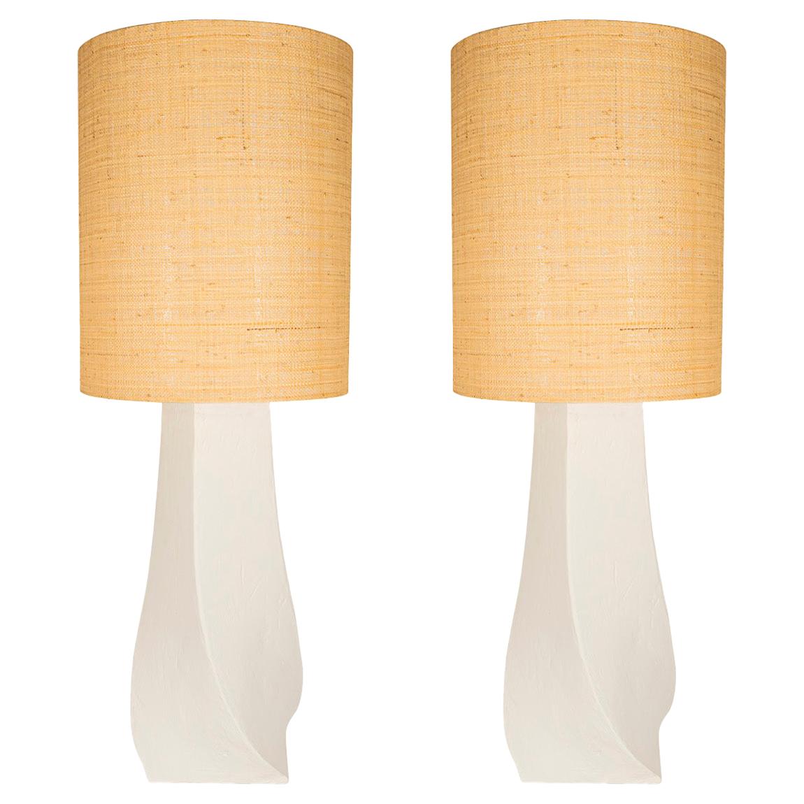 Pair of Table Lamps, Plaster and Rattan, France, circa 1970