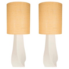 Pair of Table Lamps, Plaster and Rattan, France, circa 1970