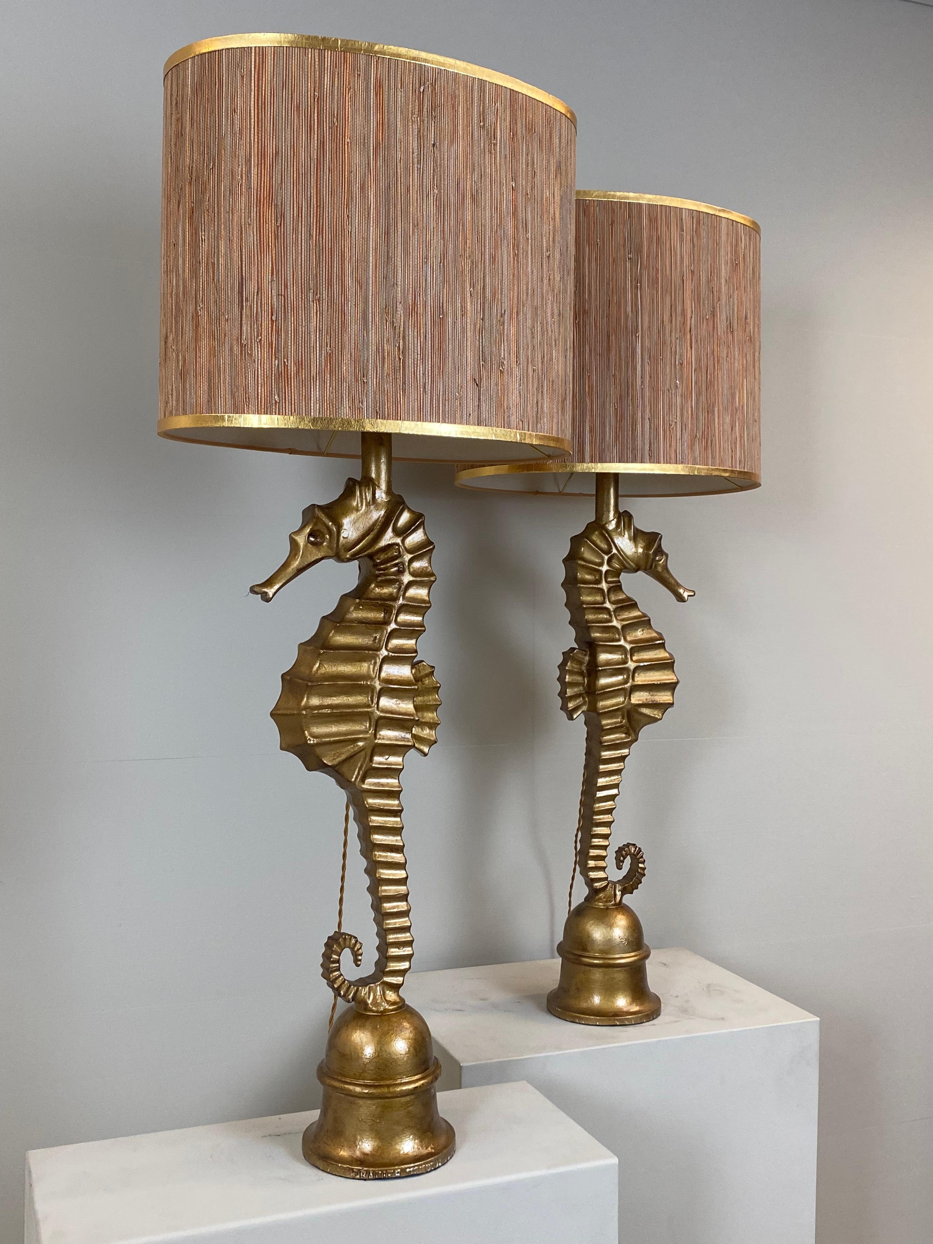 French Pair of Art Deco style vintage metallic seahorse table lamps. France, 1970s.