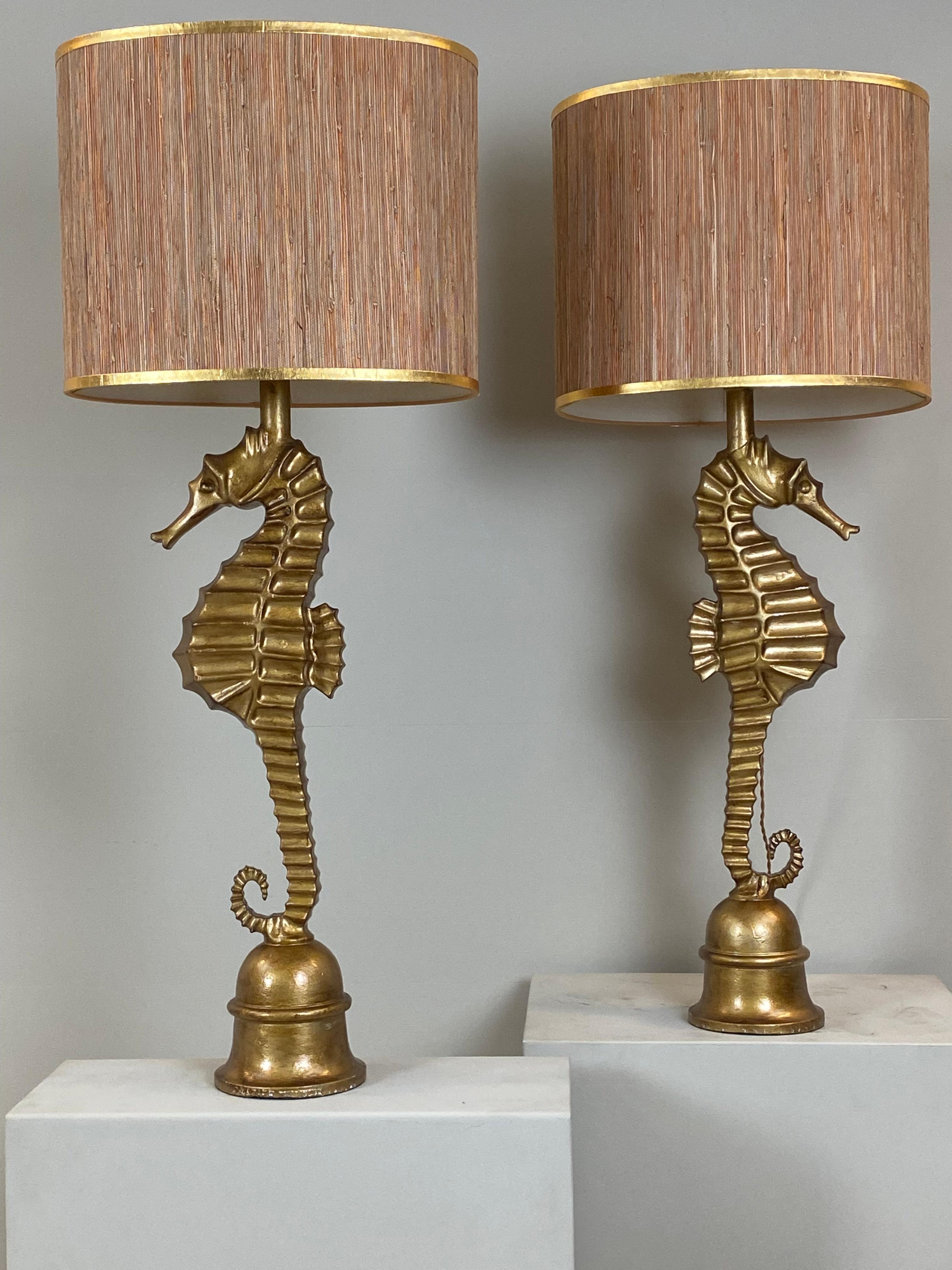 Pair of Art Deco style vintage metallic seahorse table lamps. France, 1970s. 2