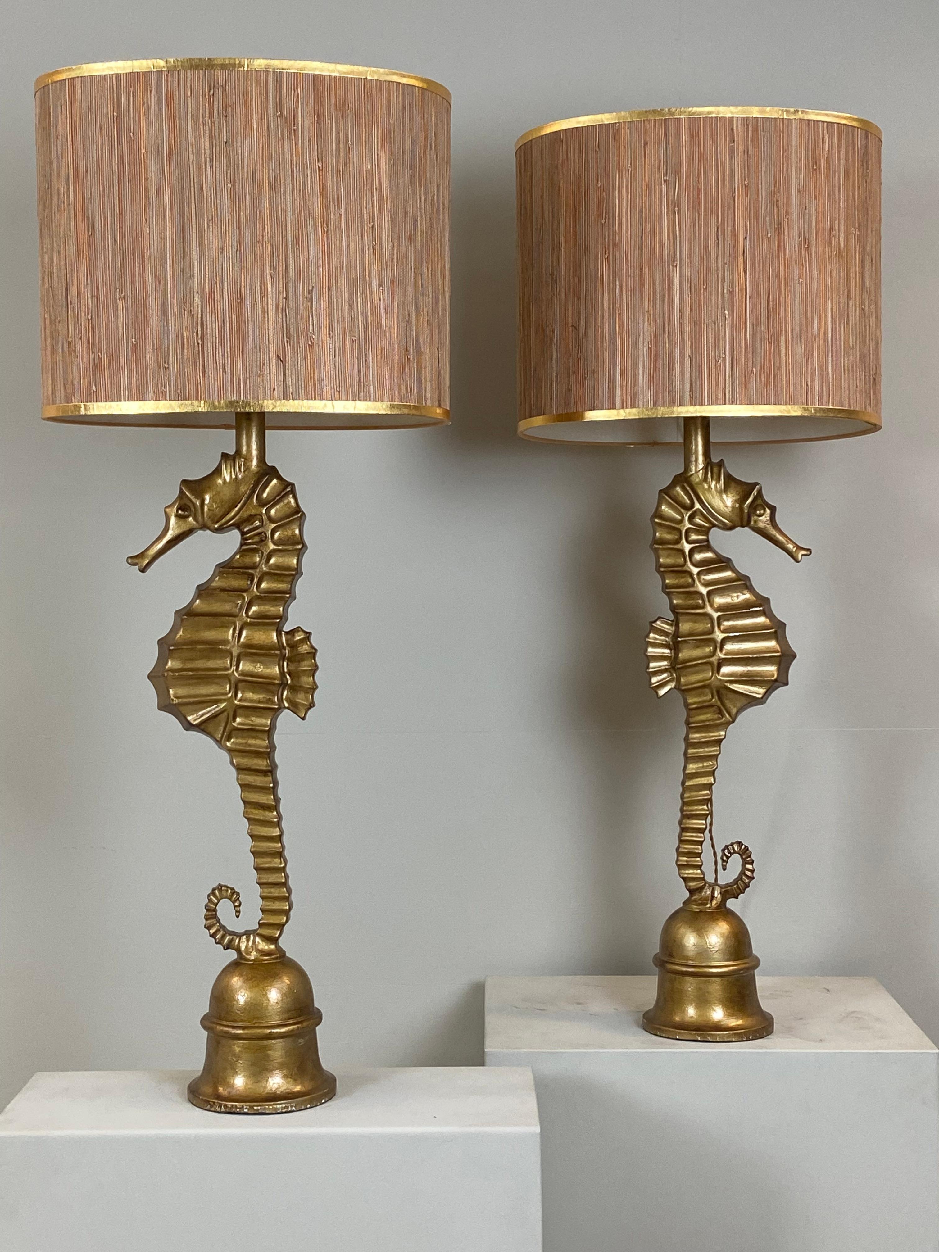 Pair of Art Deco style vintage metallic seahorse table lamps. France, 1970s. 3