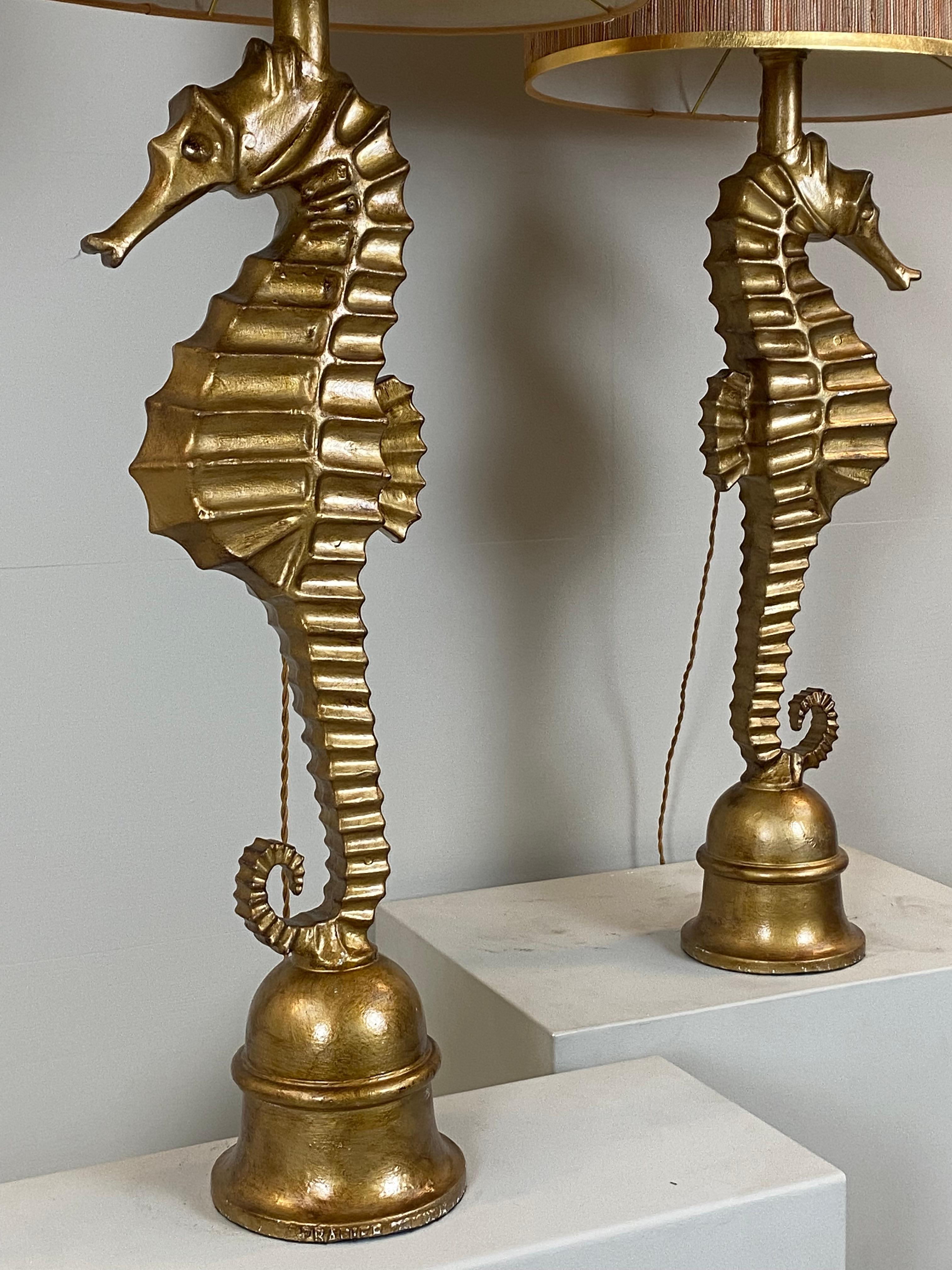Pair of Art Deco style vintage metallic seahorse table lamps. France, 1970s. 6