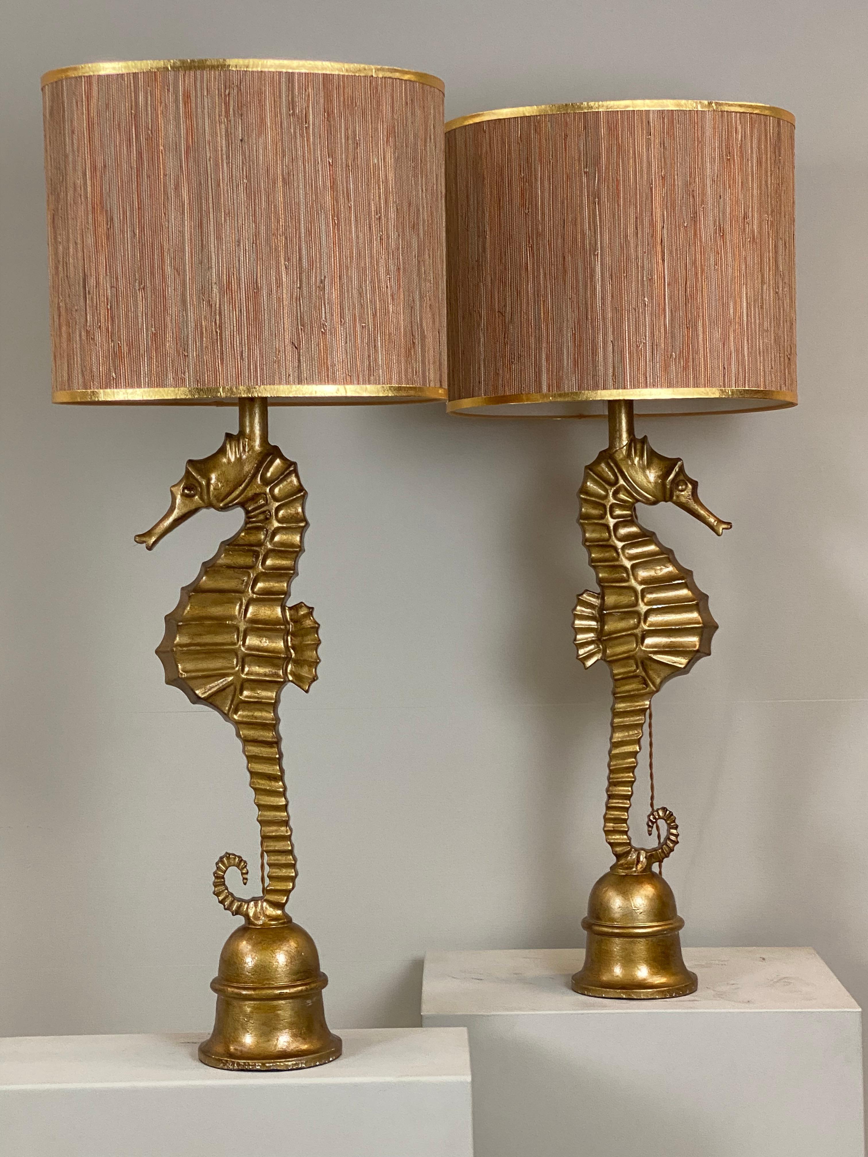 Late 20th Century Pair of Art Deco style vintage metallic seahorse table lamps. France, 1970s.