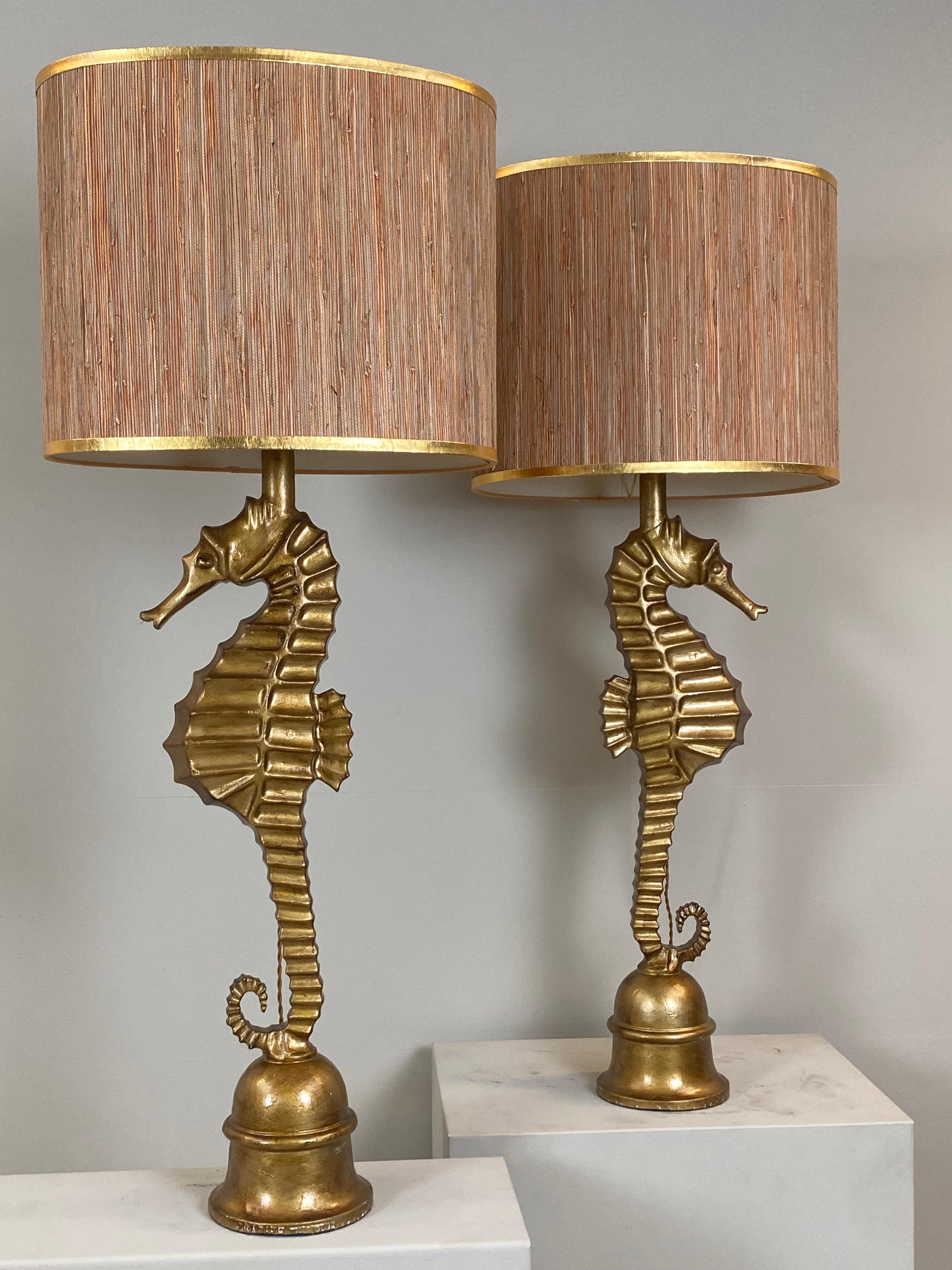 Metal Pair of Art Deco style vintage metallic seahorse table lamps. France, 1970s.