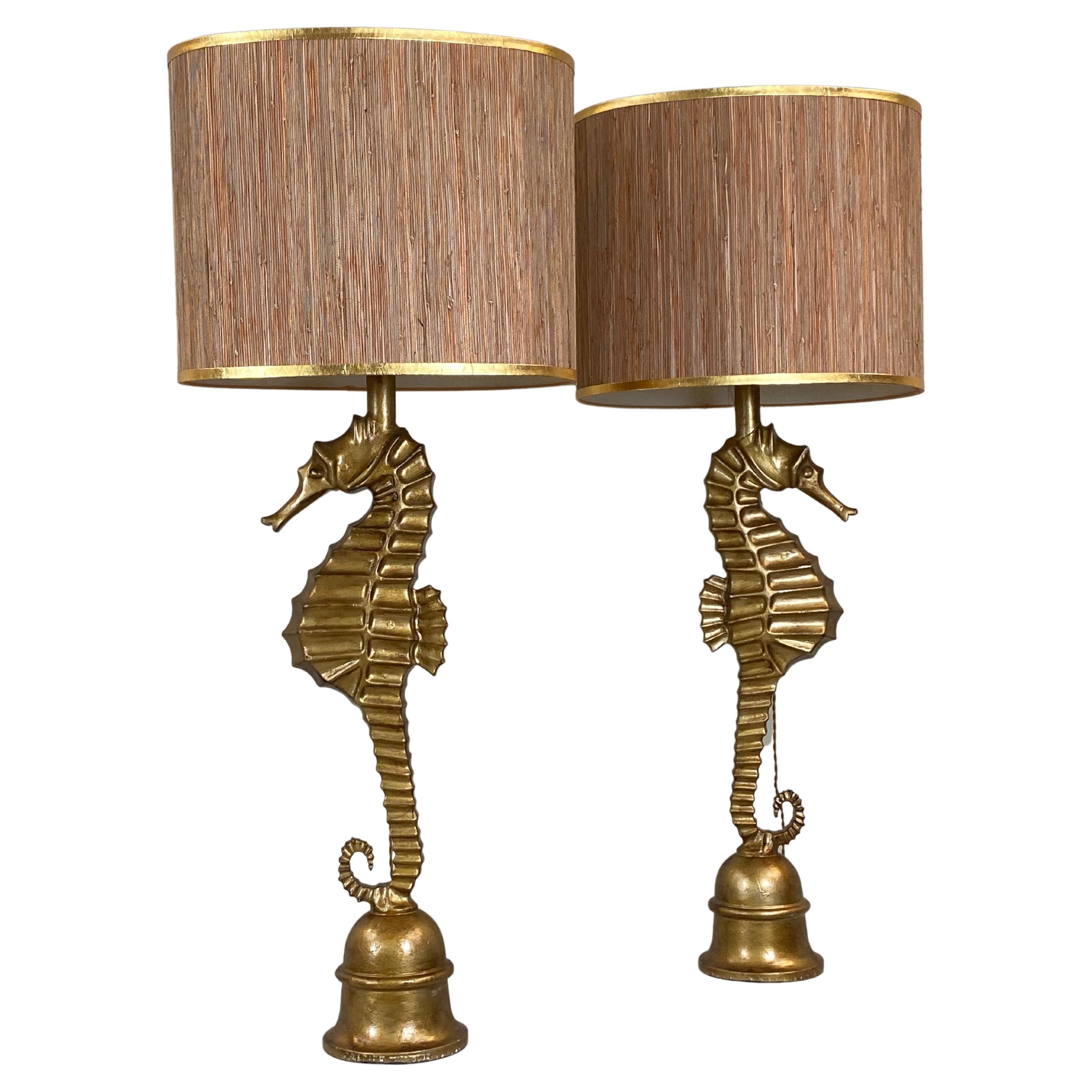 Pair of Art Deco style vintage metallic seahorse table lamps. France, 1970s.