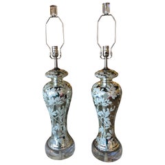Pair of Table Lamps Silver Mercury Glass Chinoiserie Floral Lucite Chrome