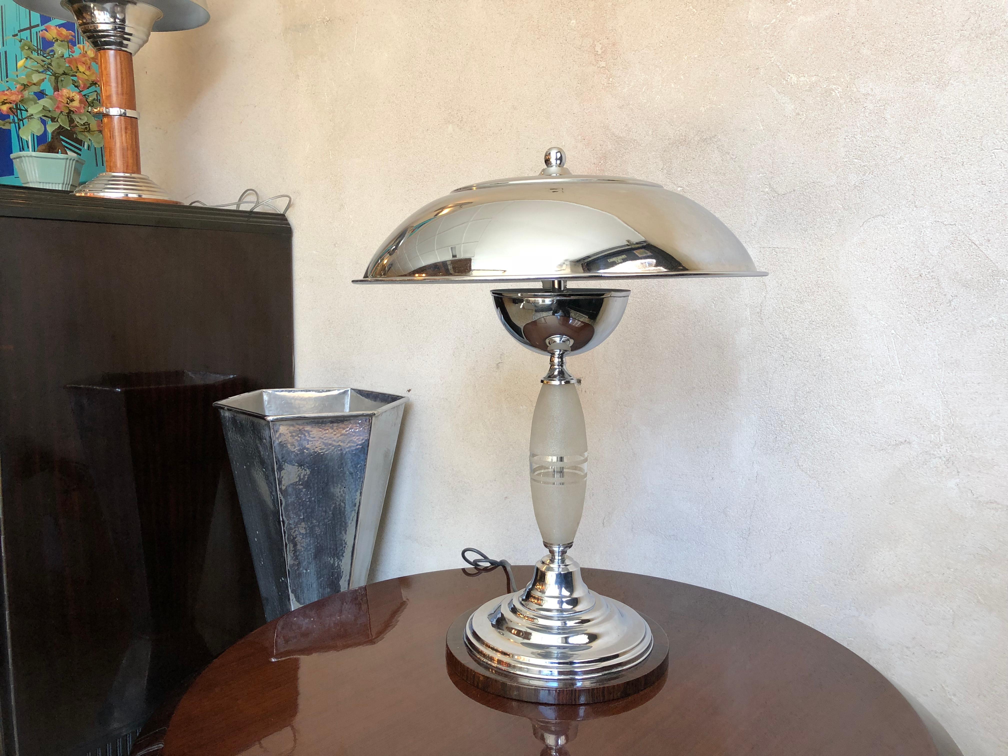 Mid-20th Century Pair of Table Lamps, Style, Art Deco, 1930, French, Material, Glass, Chrome For Sale