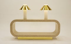 Pair of Table Lamps, White Blown Glass Cylindrical Shape with Brass Shades