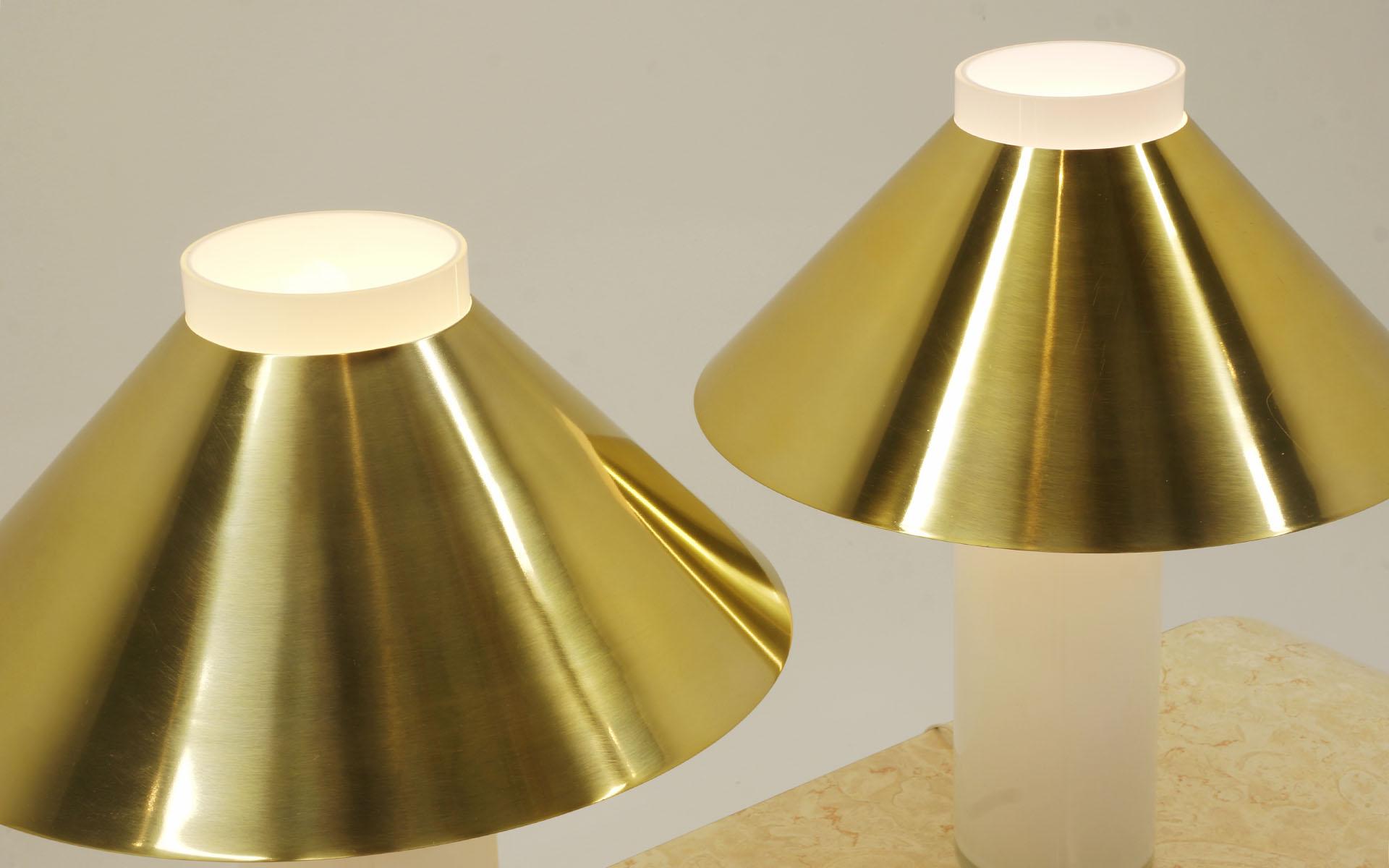 Pair of Table Lamps, White Blown Glass Cylindrical Shape with Brass Shades In Excellent Condition In Kansas City, MO