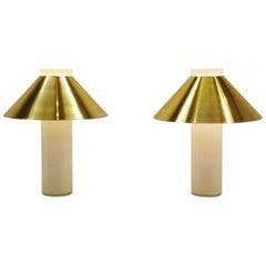 Pair of Table Lamps, White Blown Glass Cylindrical Shape with Brass Shades
