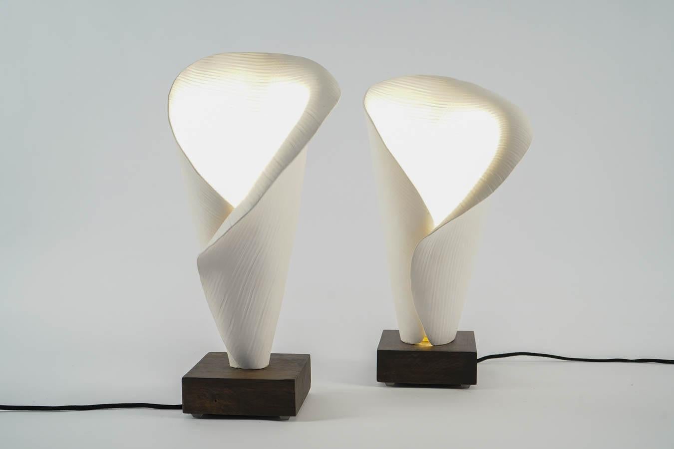 Pair of table lamps 24'', white ceramic lamp made by hand mounted on solid oak, art modern.