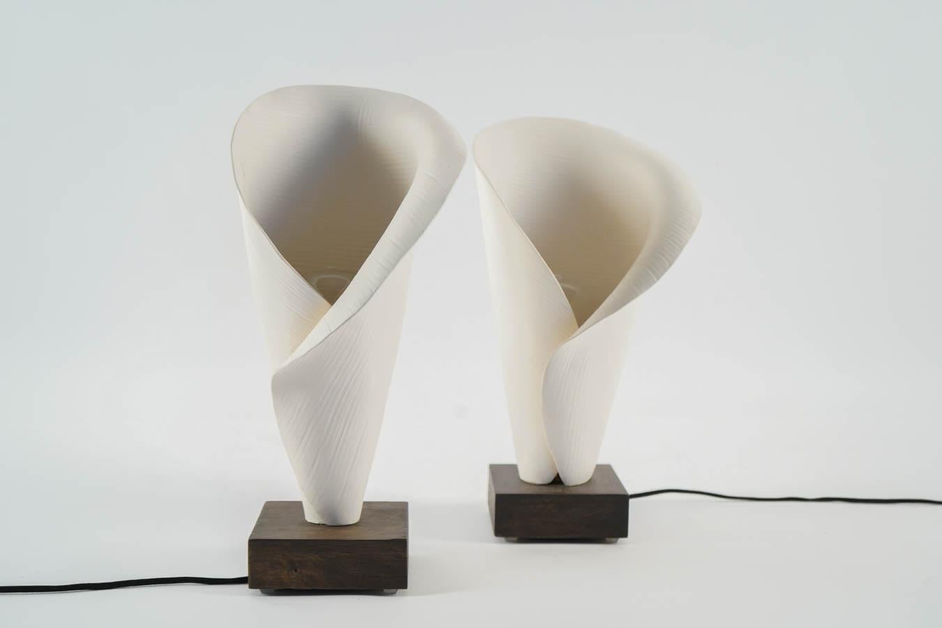 Modern Pair of Table Lamps, White Ceramic Lamp Made by Hand Mounted on Solid Oak