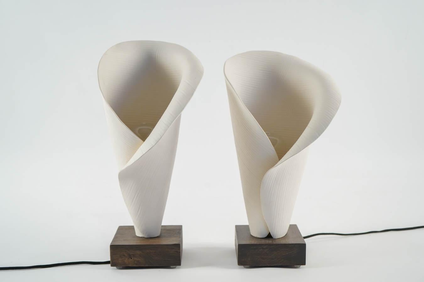 French Pair of Table Lamps, White Ceramic Lamp Made by Hand Mounted on Solid Oak