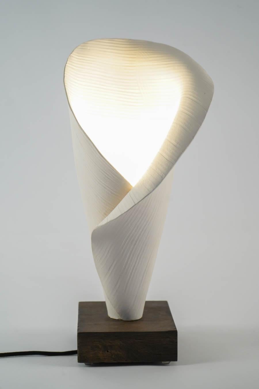 Contemporary Pair of Table Lamps, White Ceramic Lamp Made by Hand Mounted on Solid Oak