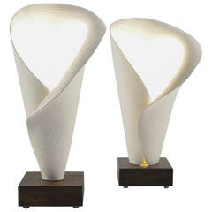 Pair of Table Lamps, White Ceramic Lamp Made by Hand Mounted on Solid Oak