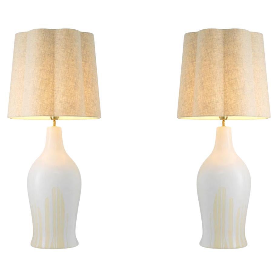 Pair of Table Lamps, White Drop Effect, Vintage Brass Finish