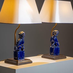 Pair of Table Lamps with Blue-Glazed Fu Dogs, 20th Century