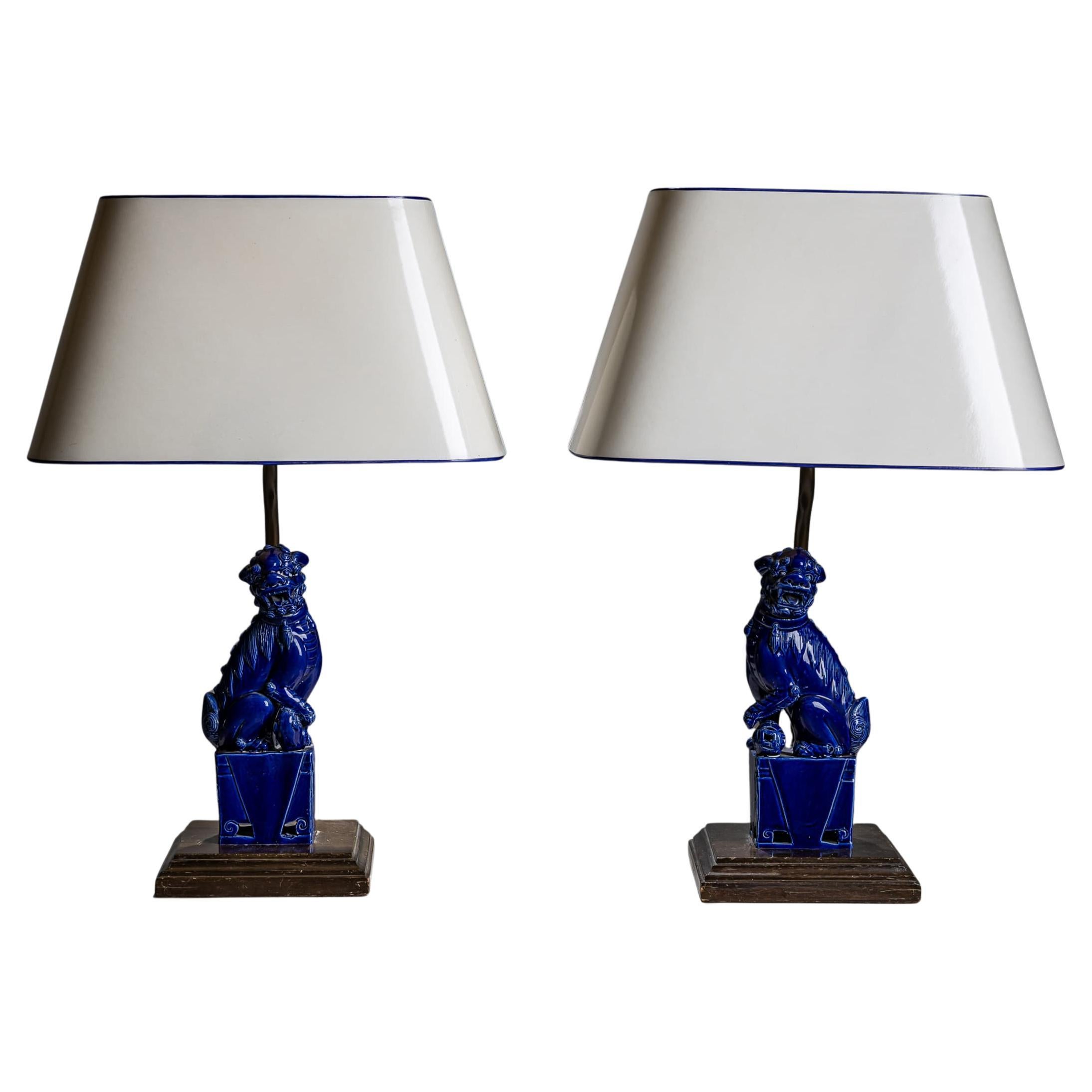 Pair of Table Lamps with Blue-Glazed Fu Dogs, 20th Century