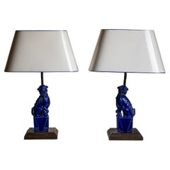 Pair of Table Lamps with Blue-Glazed Fu Dogs, 20th Century