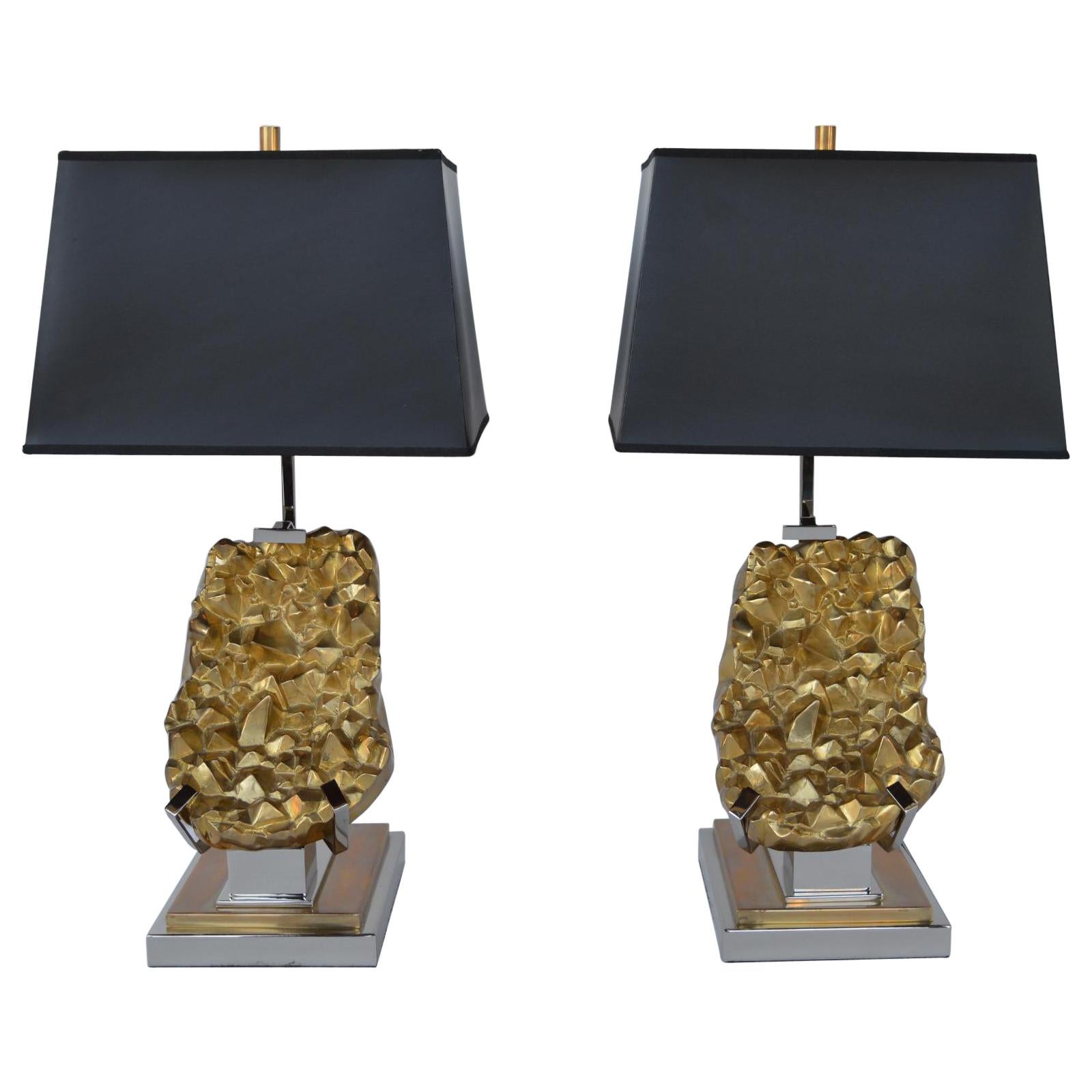 Pair of Table Lamps with Brass Chrome with Black Shade, 2000 For Sale