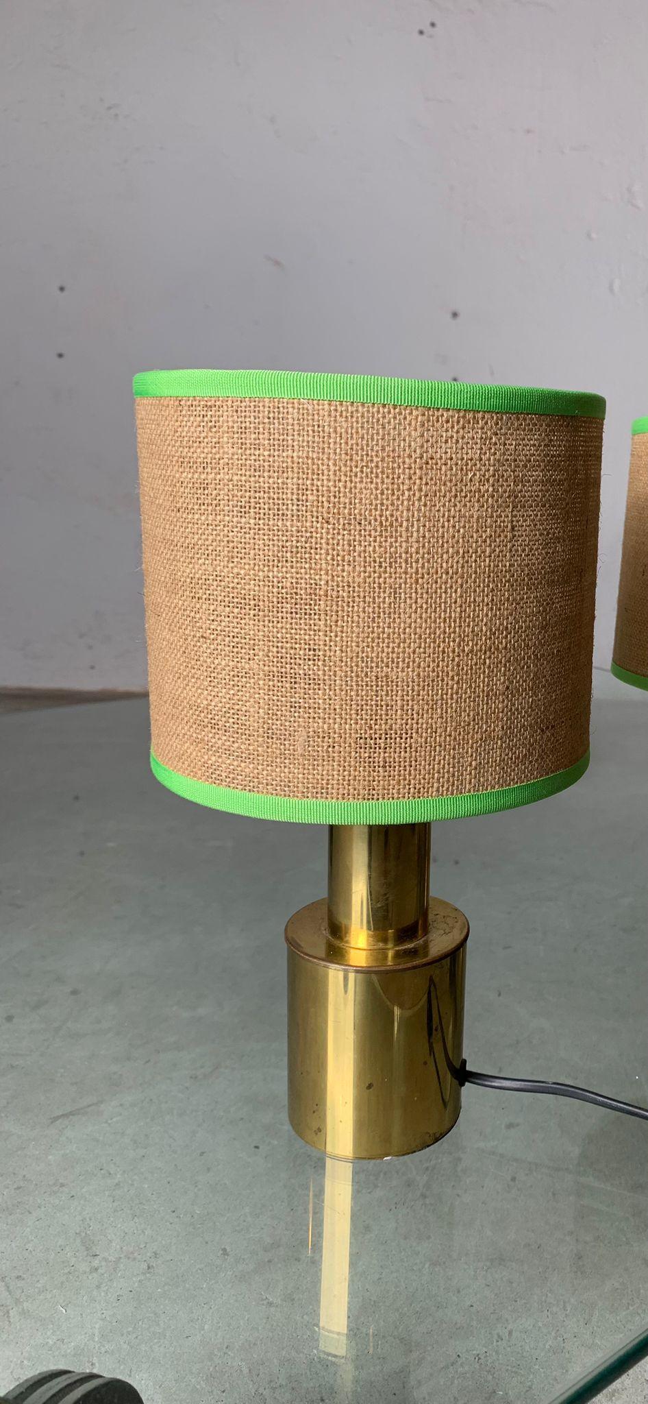 Pair of table lamps with brass structure and straw lampshades, 1970, Italy in vendita 8
