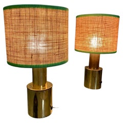 Pair of table lamps with brass structure and straw lampshades, 1970, Italy