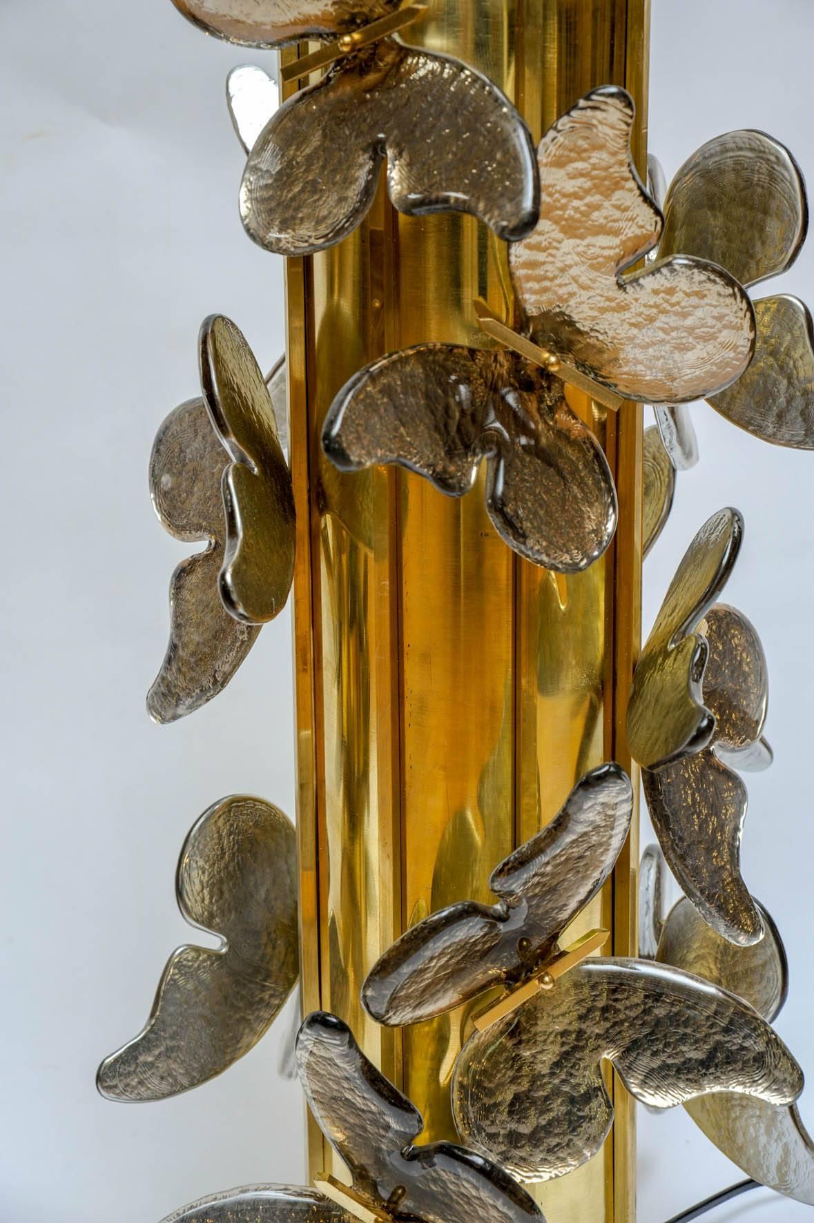 Brass Pair of Table Lamps with Butterflies in Murano Glass