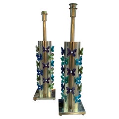 Pair of Table Lamps with Butterflies in Murano Glass
