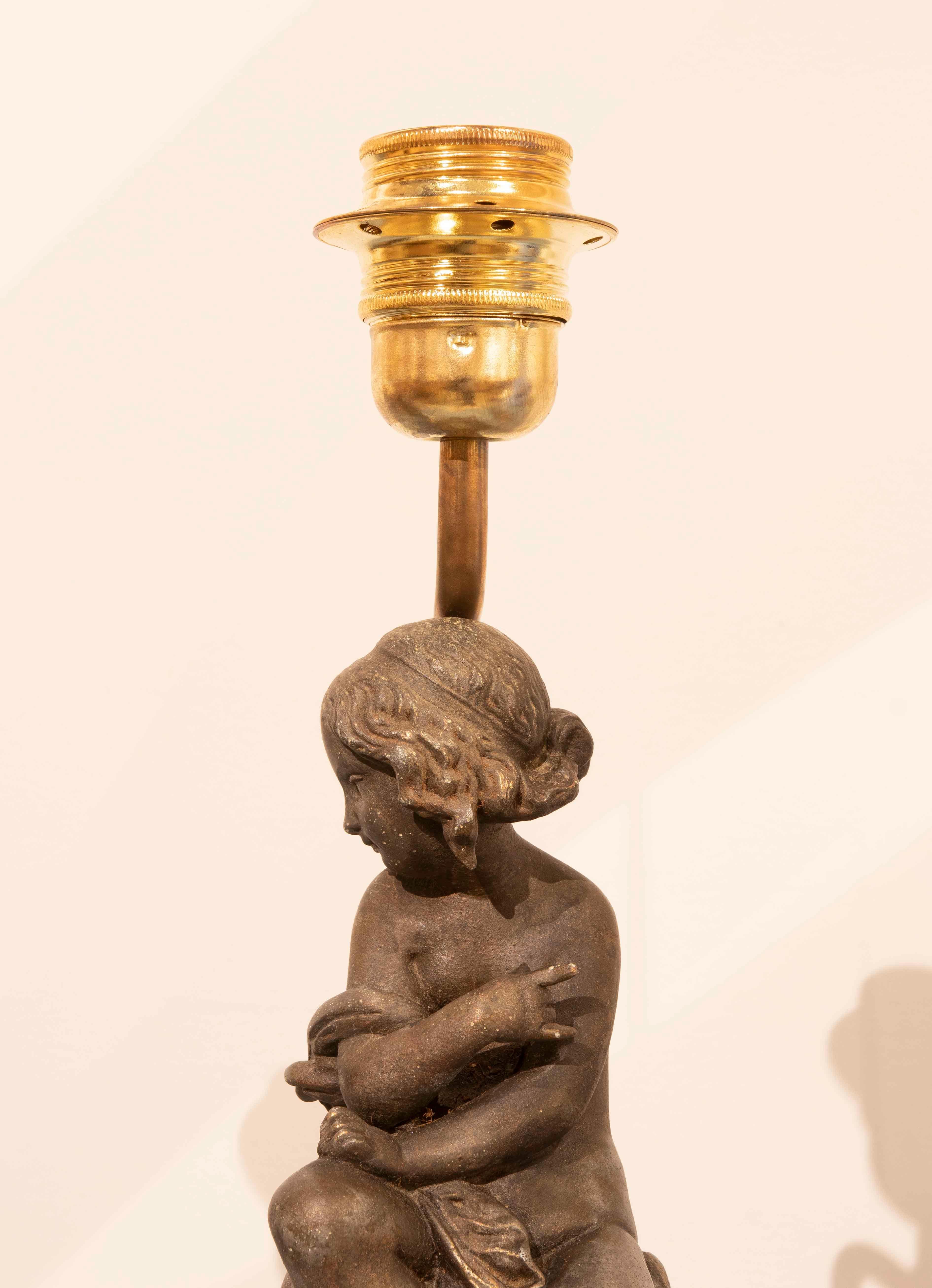 Pair of Table Lamps with Children in Calamine with Marble and Brass Base For Sale 8