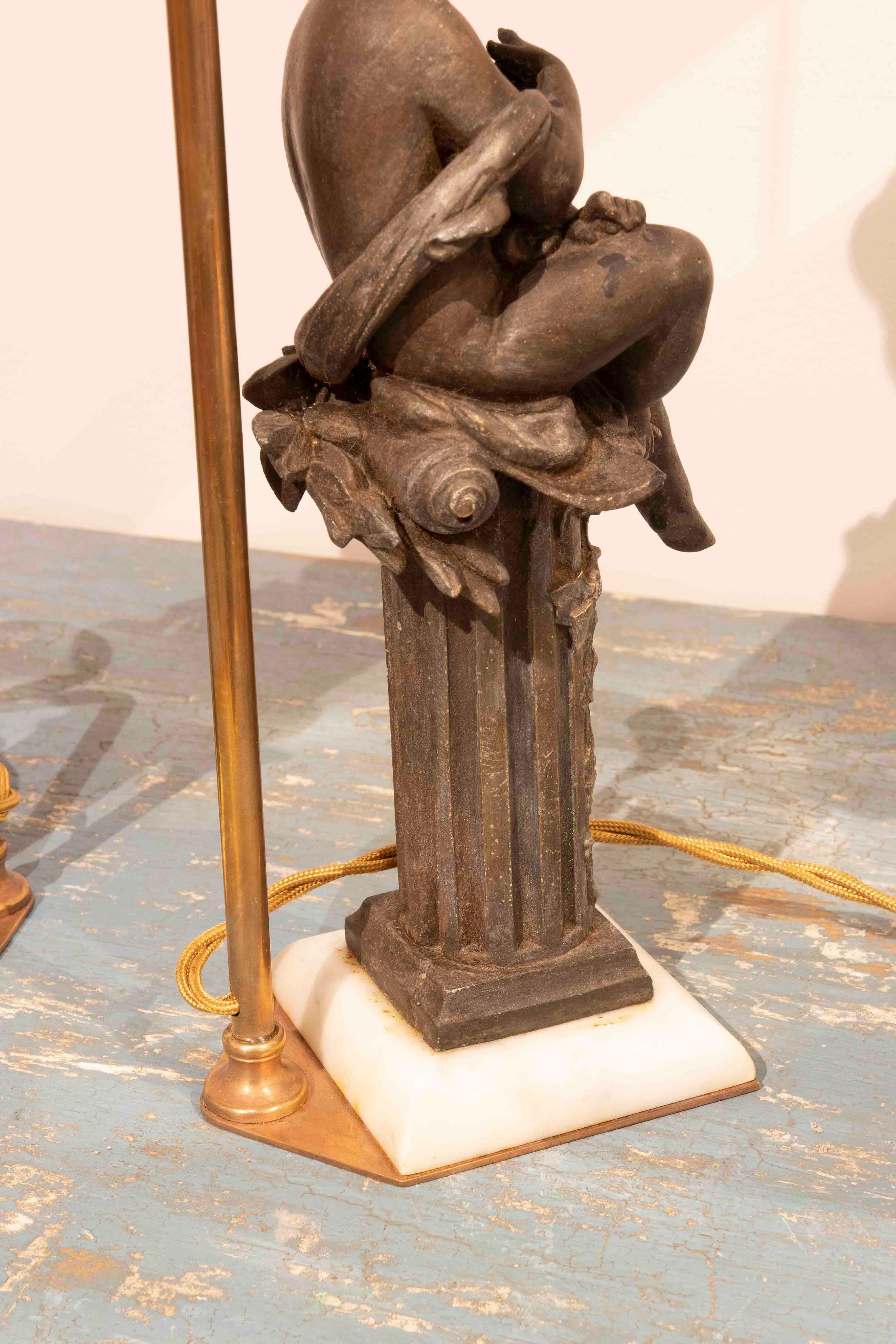 Pair of Table Lamps with Children in Calamine with Marble and Brass Base For Sale 3