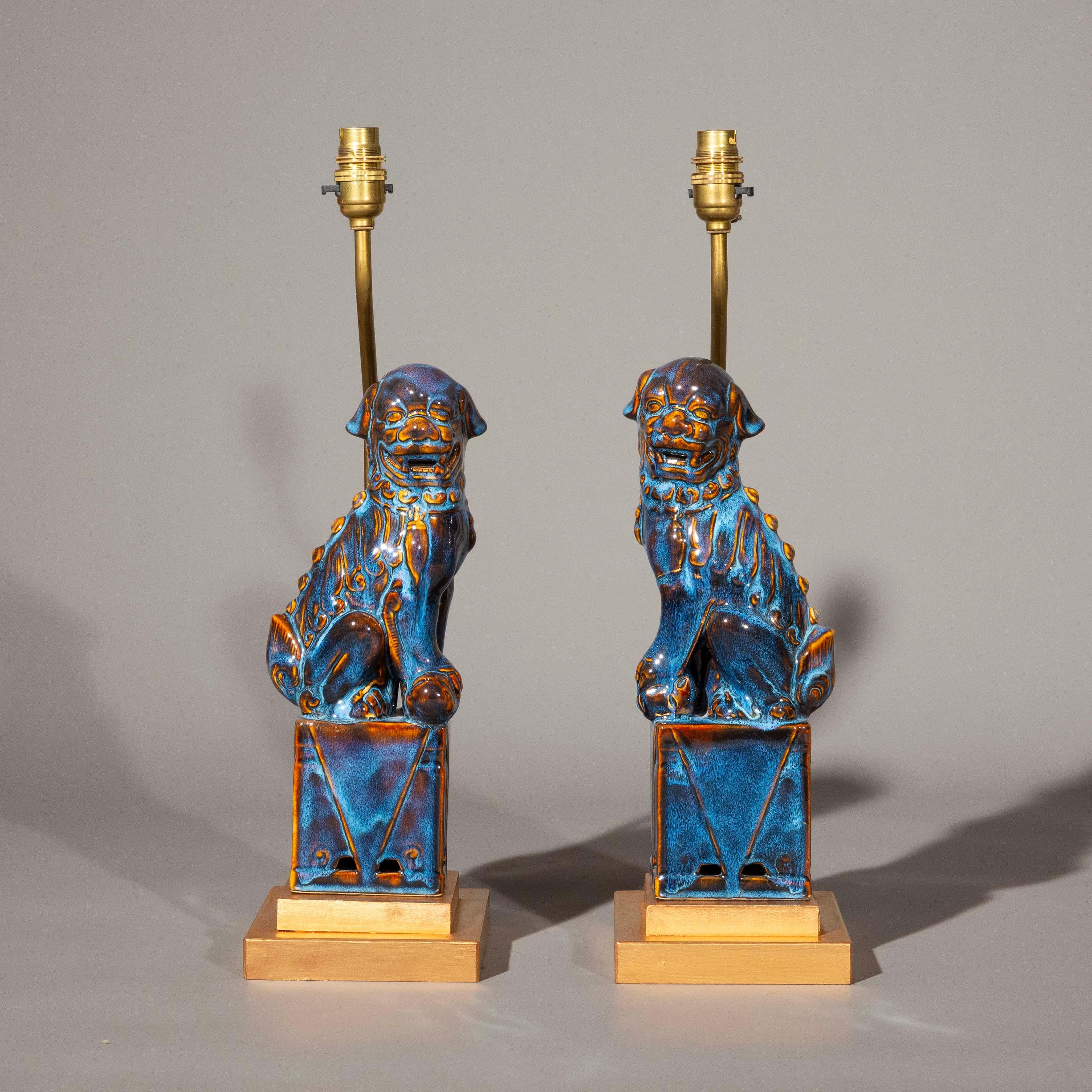 Glazed Rare Pair of Tall Table Lamps with Chinese Flambé Foo Dogs