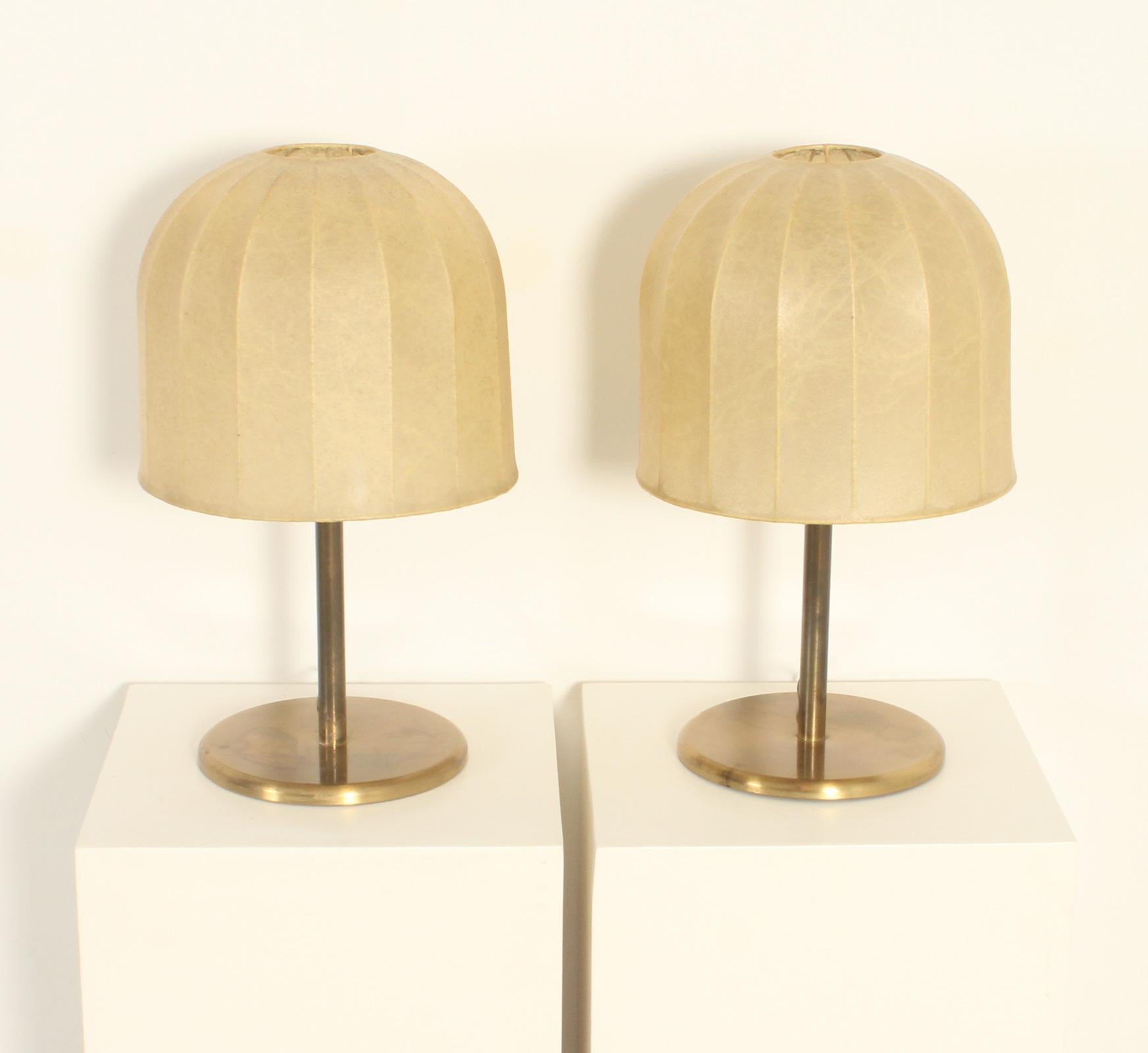 Pair of table lamps with cocoon shades, Italy, 1970's. Brass structure with cocoon fiberglass shades, two E27 bulbs in each lamp. 